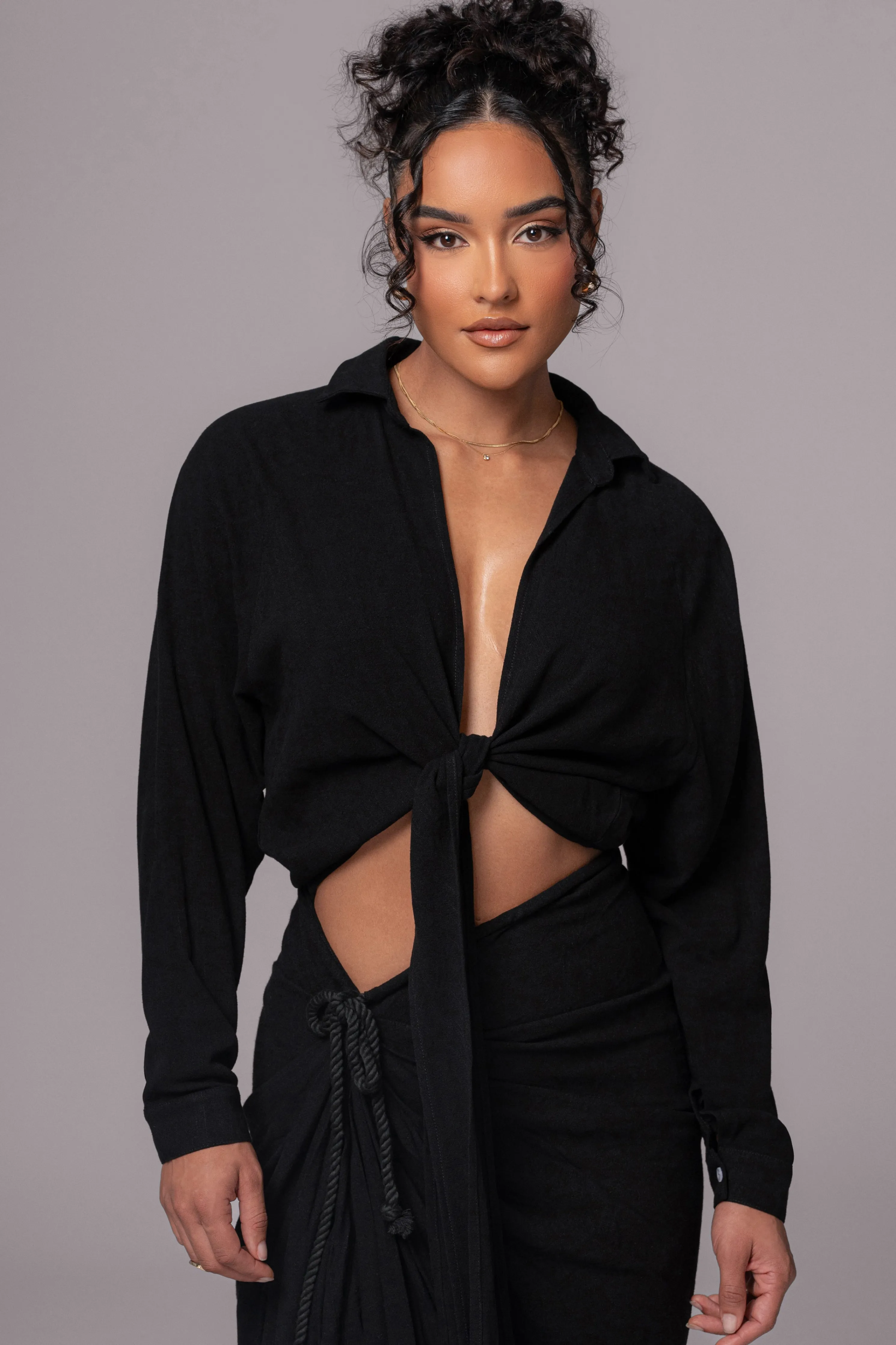 Black Soho Front Tied Woven Top