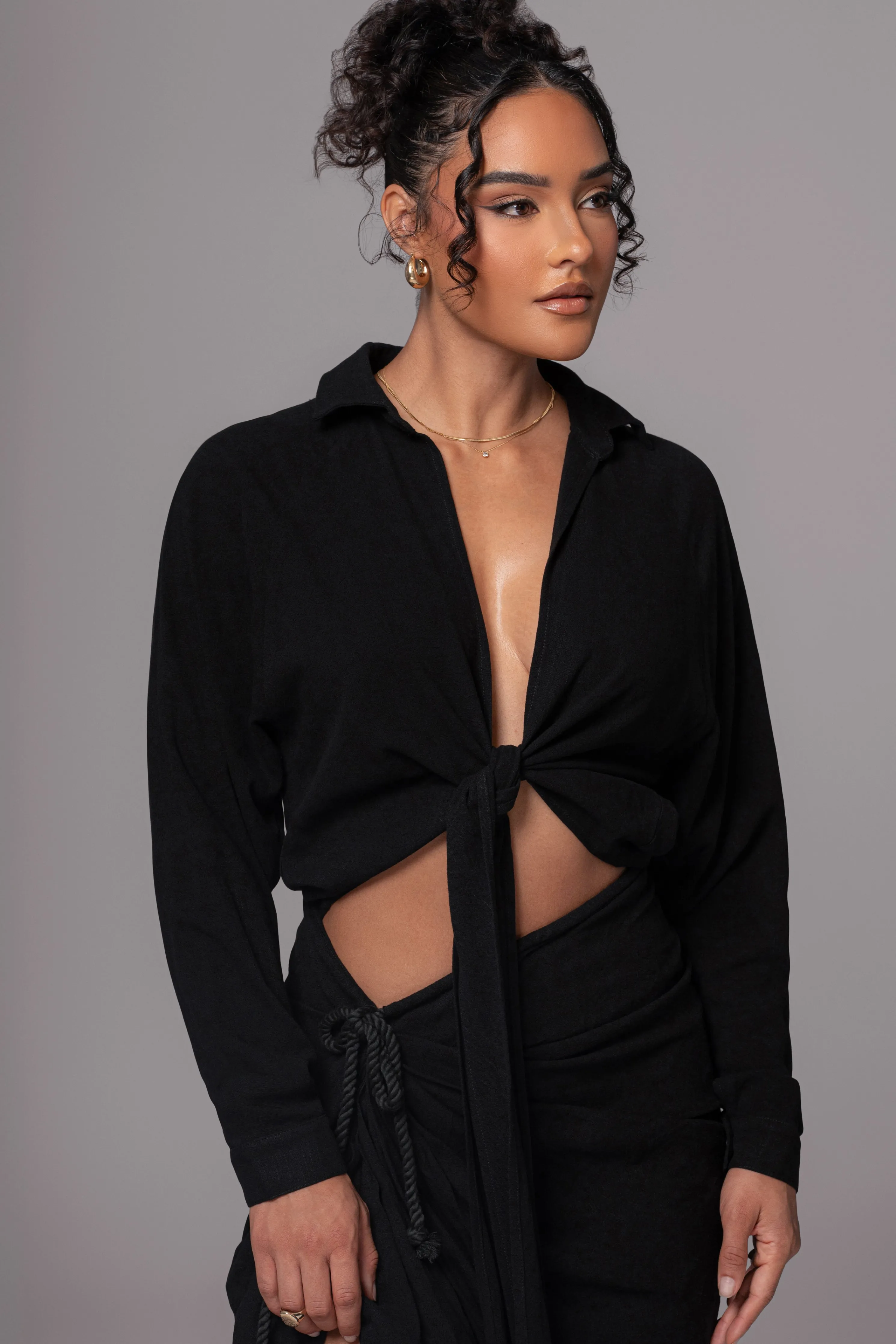 Black Soho Front Tied Woven Top