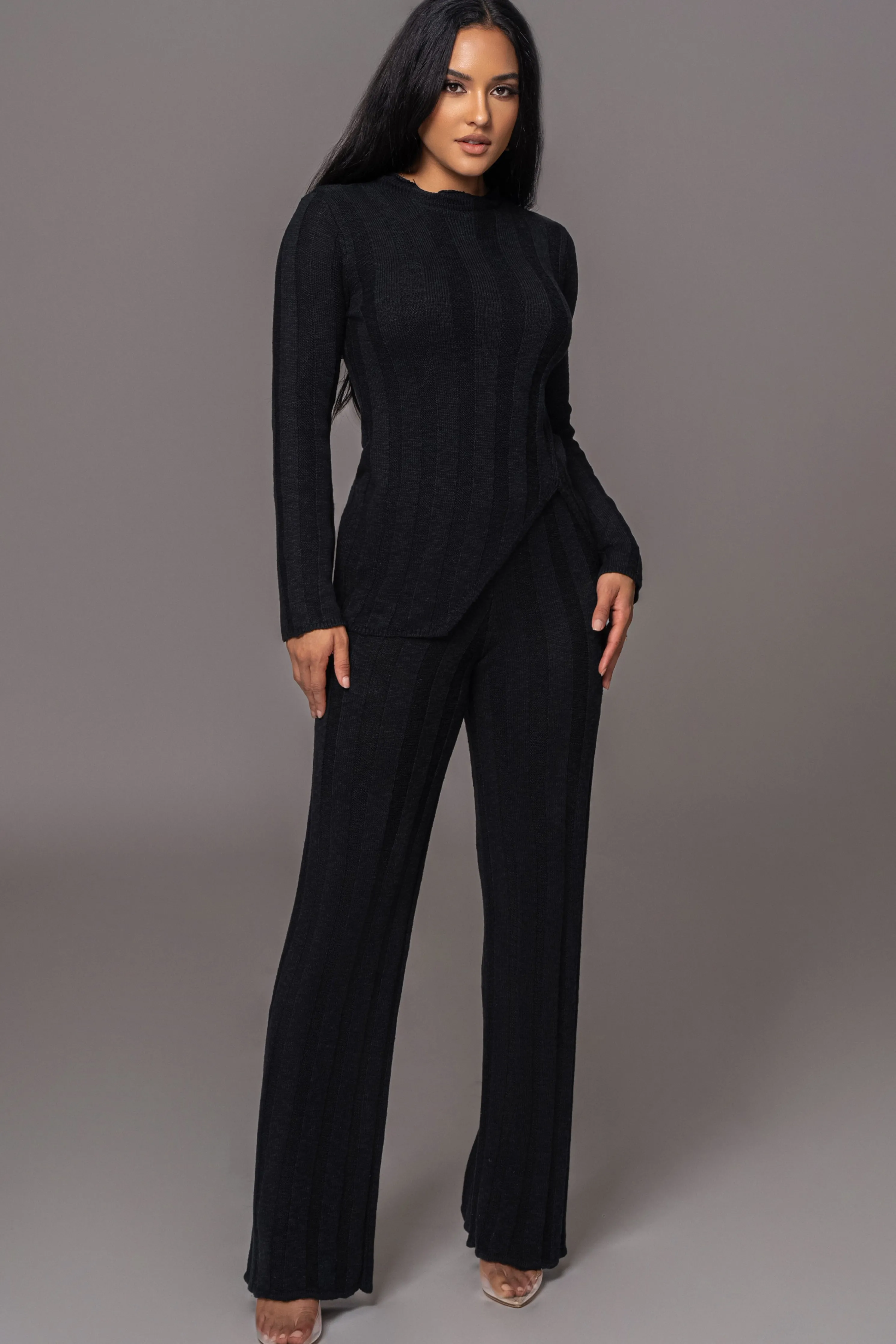 Black Take A Chance Ribbed Pant Set