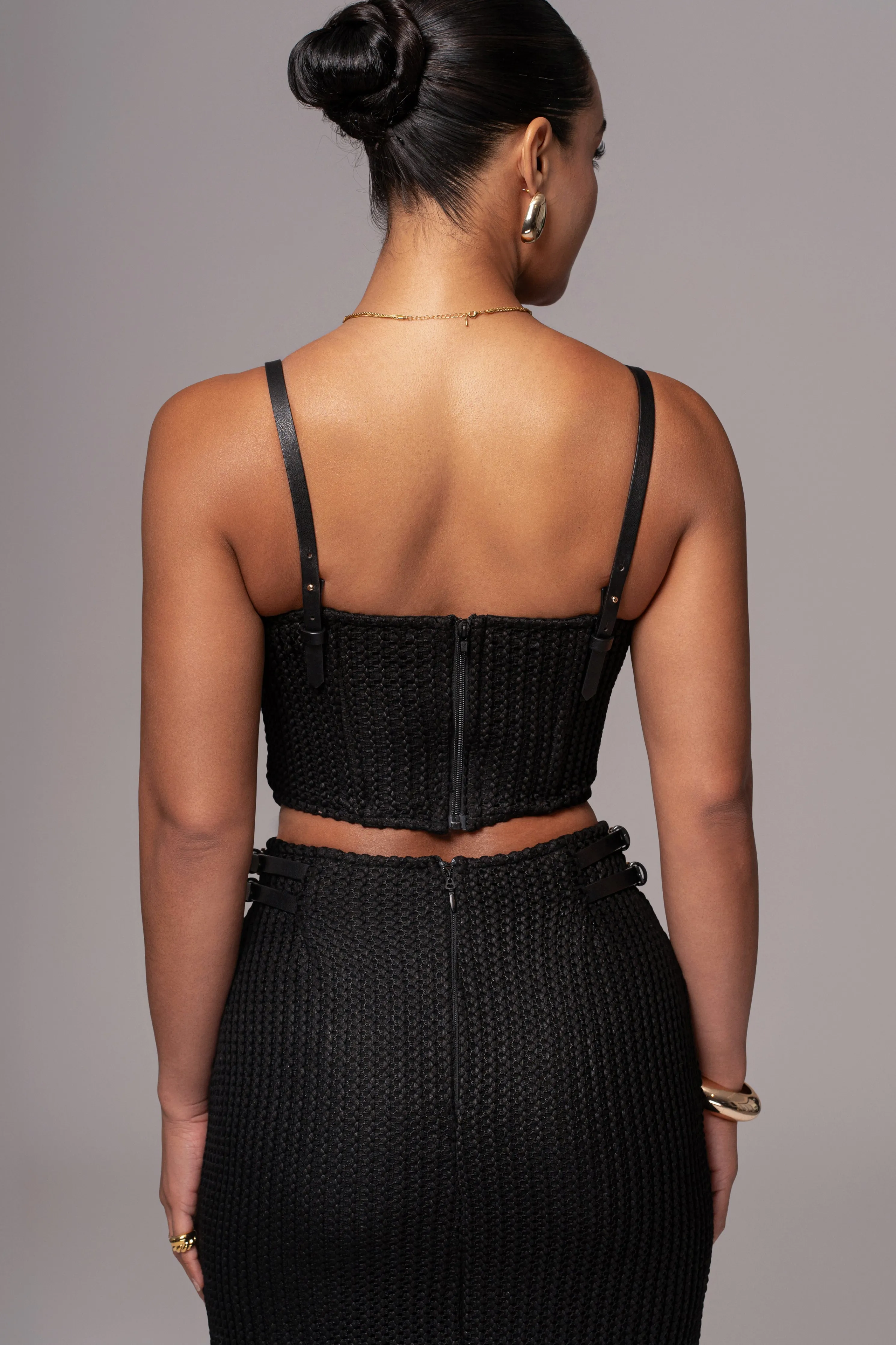 Black Textured Mystique Midi Skirt