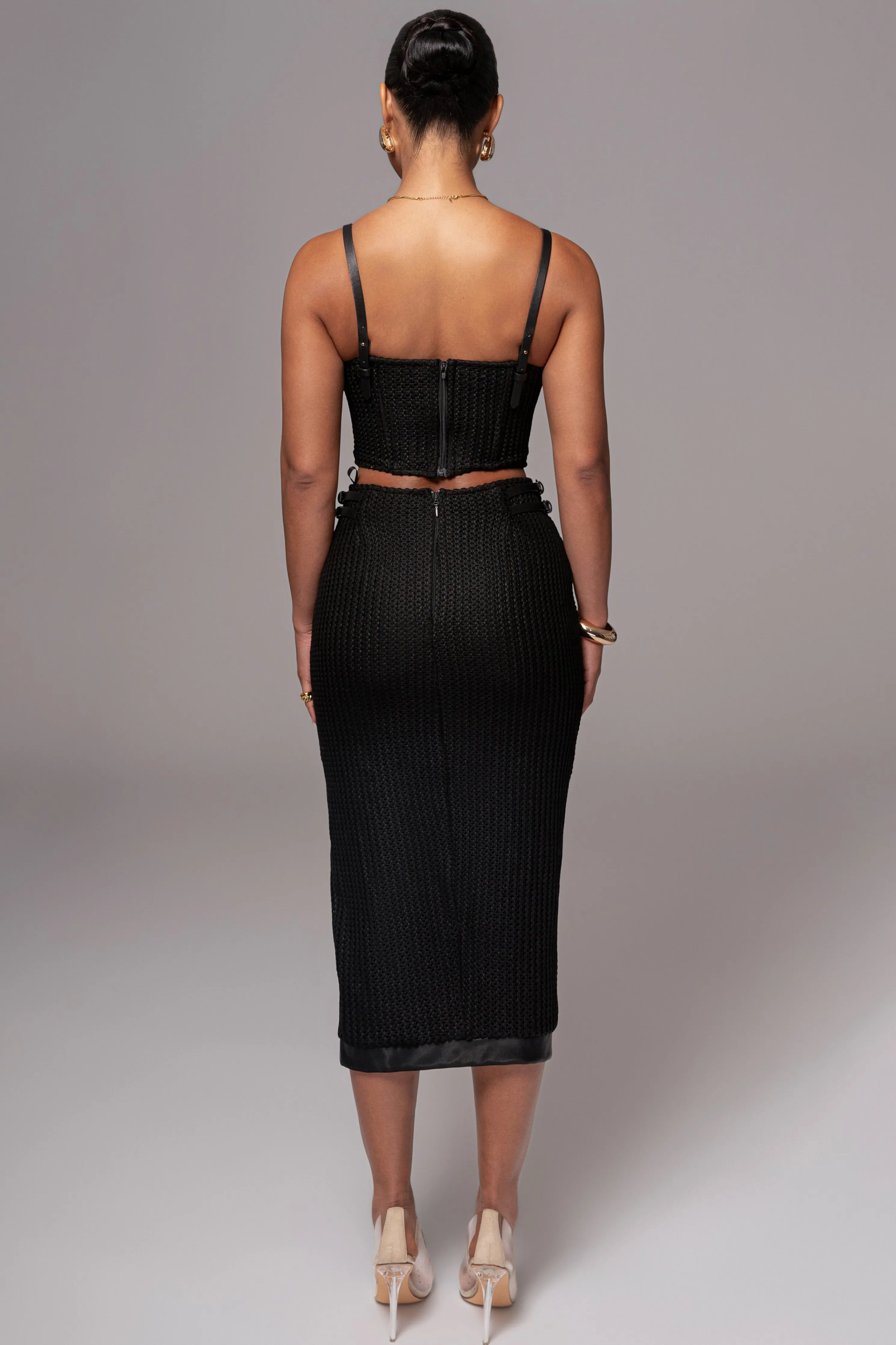 Black Textured Mystique Midi Skirt