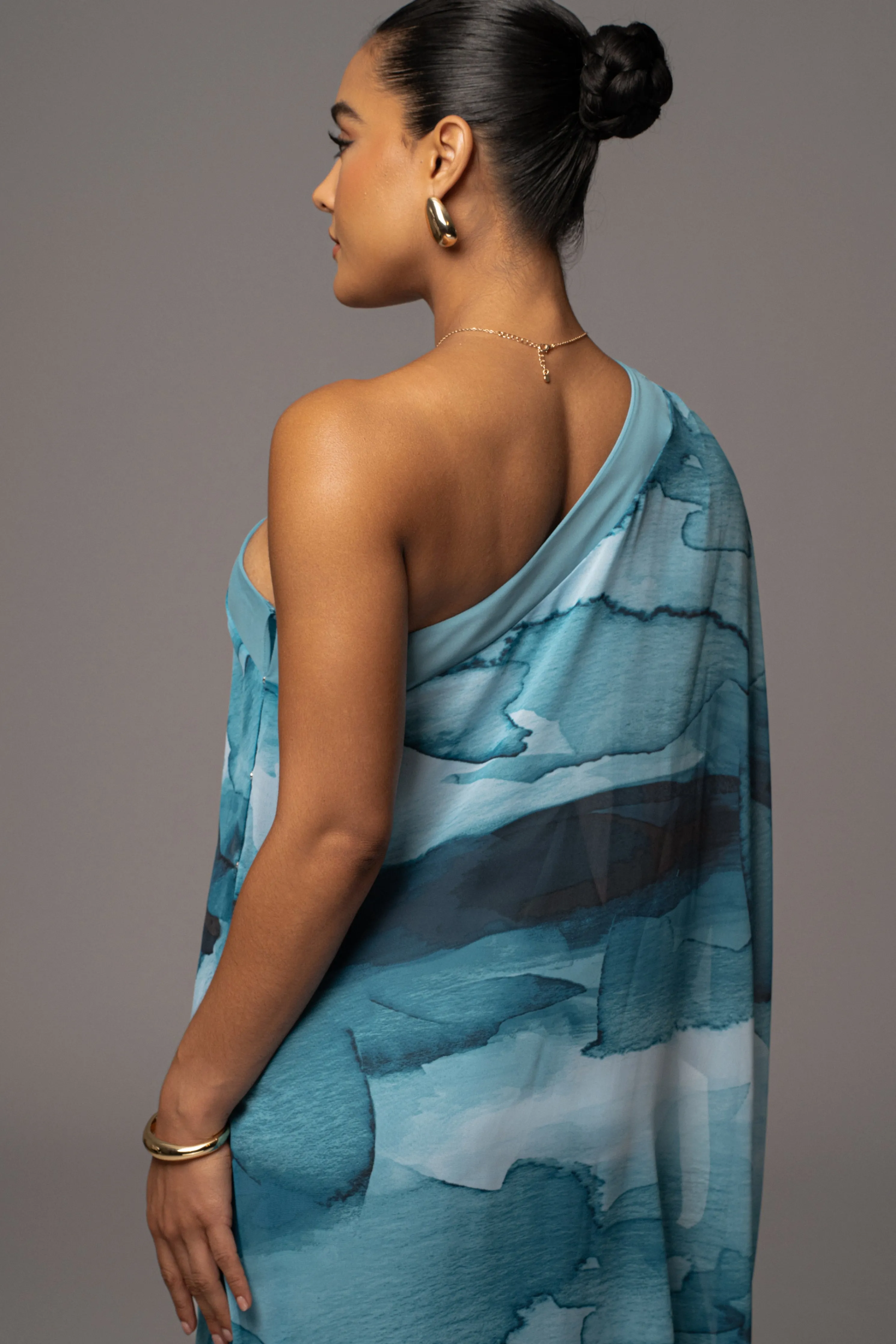Blue Abstract Mariel One Shoulder Maxi Dress