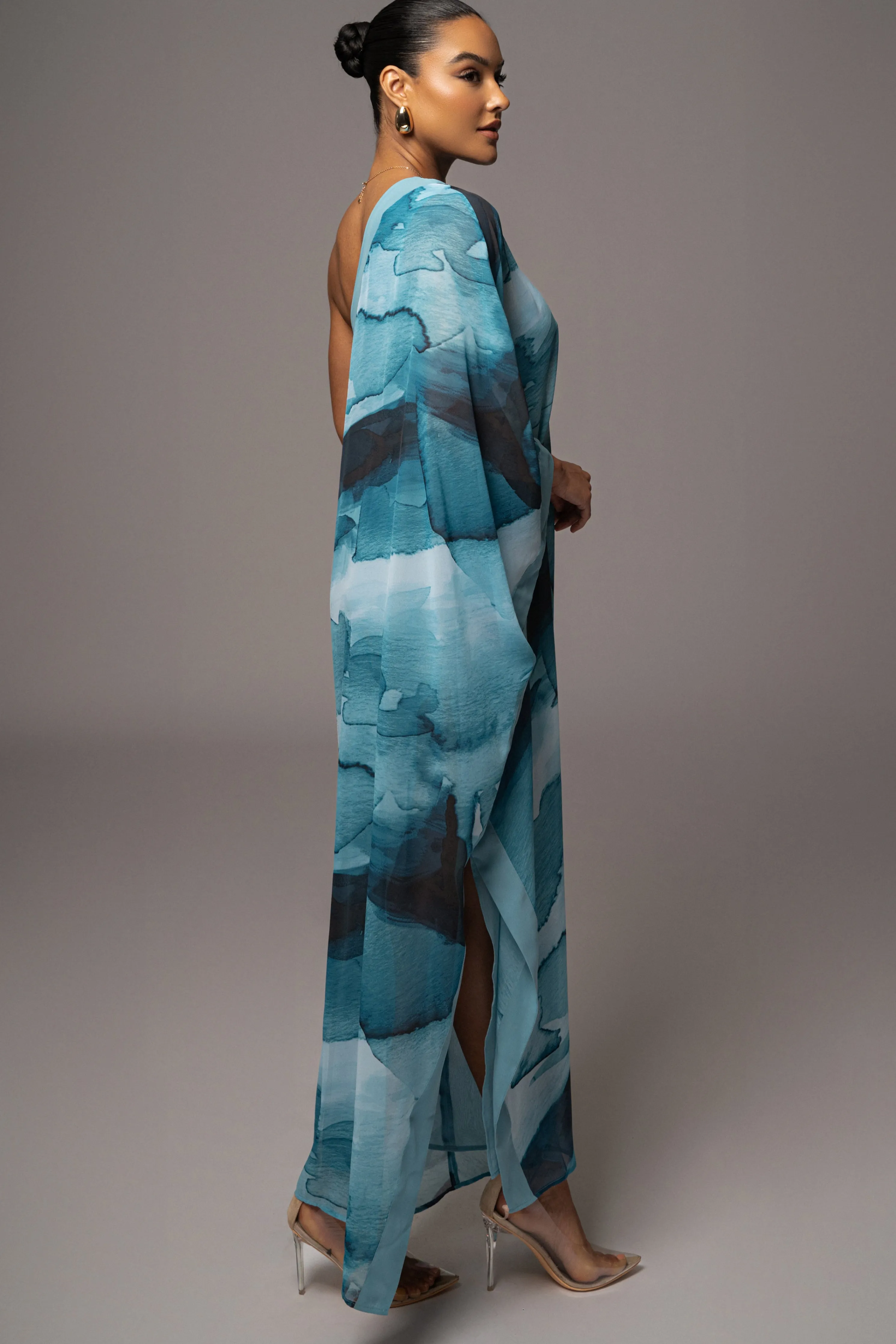Blue Abstract Mariel One Shoulder Maxi Dress