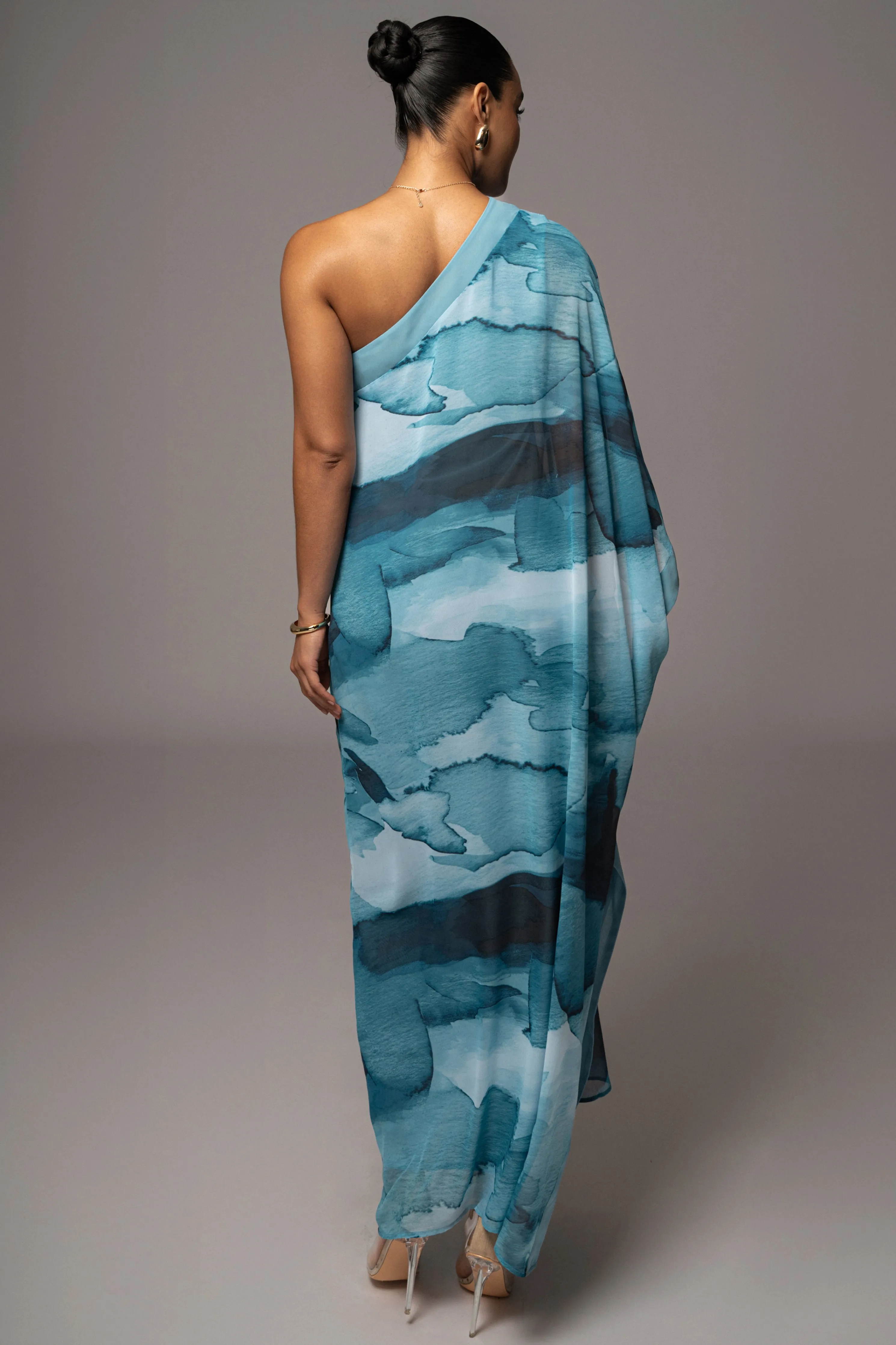 Blue Abstract Mariel One Shoulder Maxi Dress