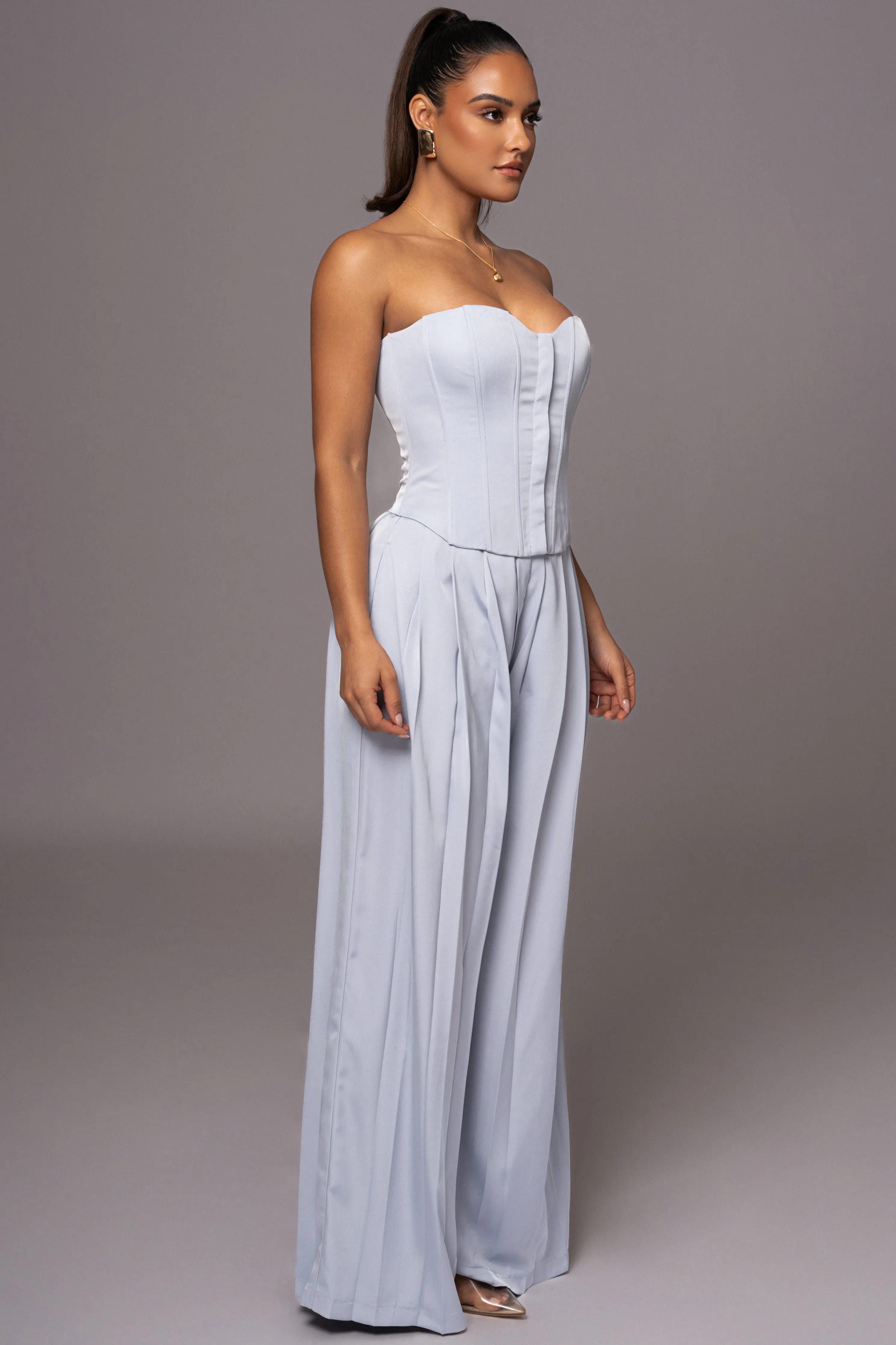 Blue Clara Wide Leg Pleated Trousers