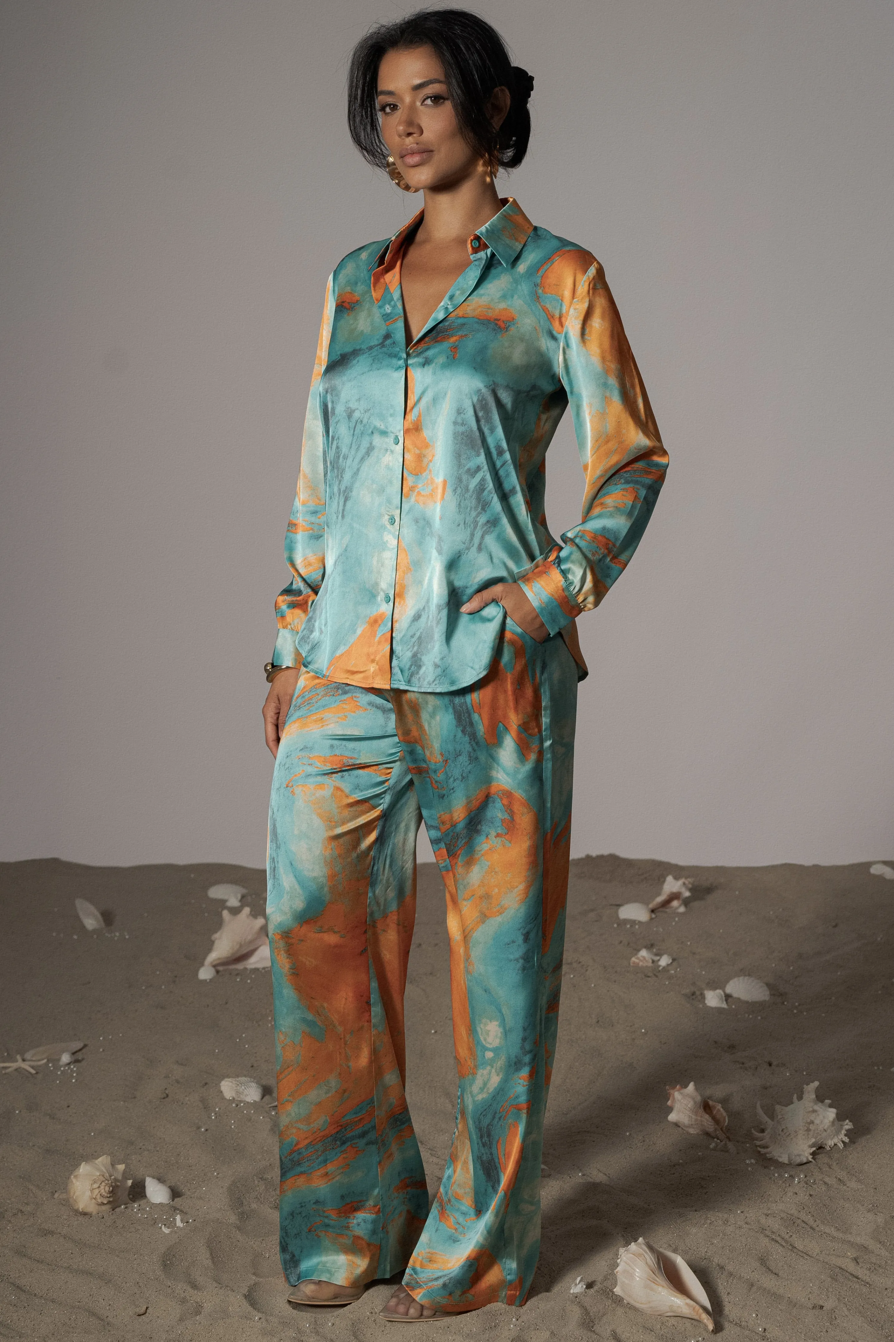 Blue Hidden Gems Satin Pant Set