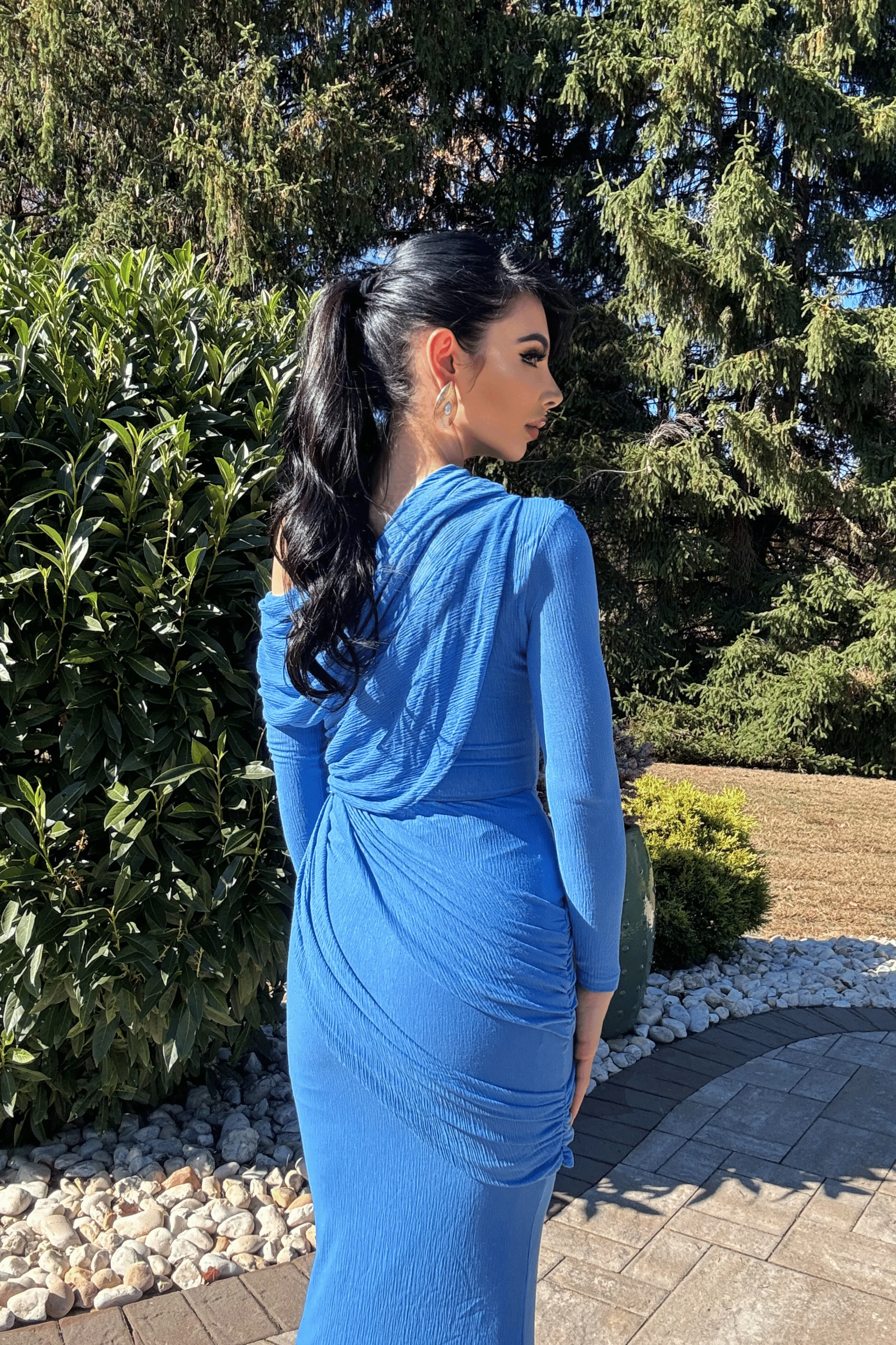 Blue Textured One Shoulder Bodysuit