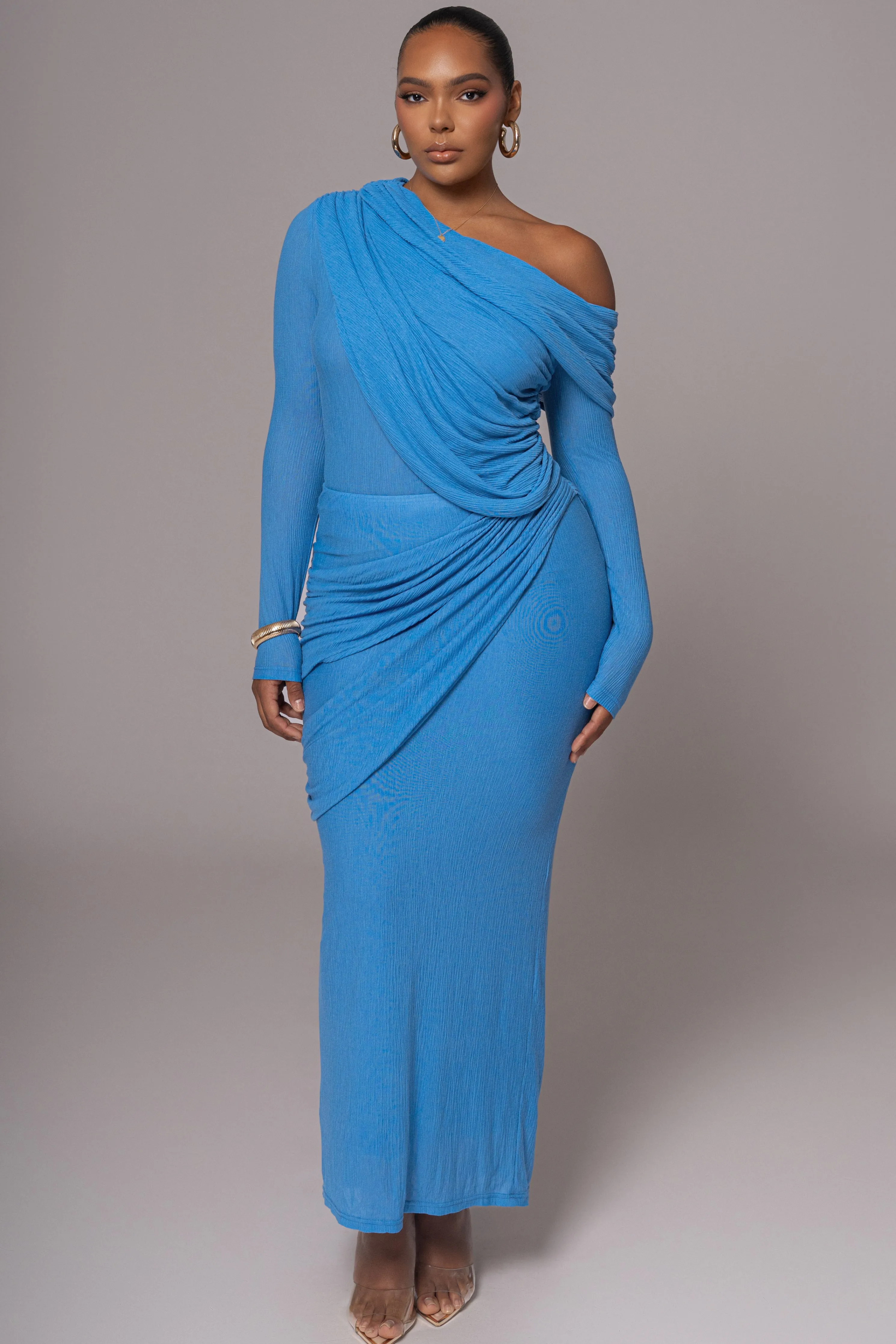 Blue Textured One Shoulder Bodysuit