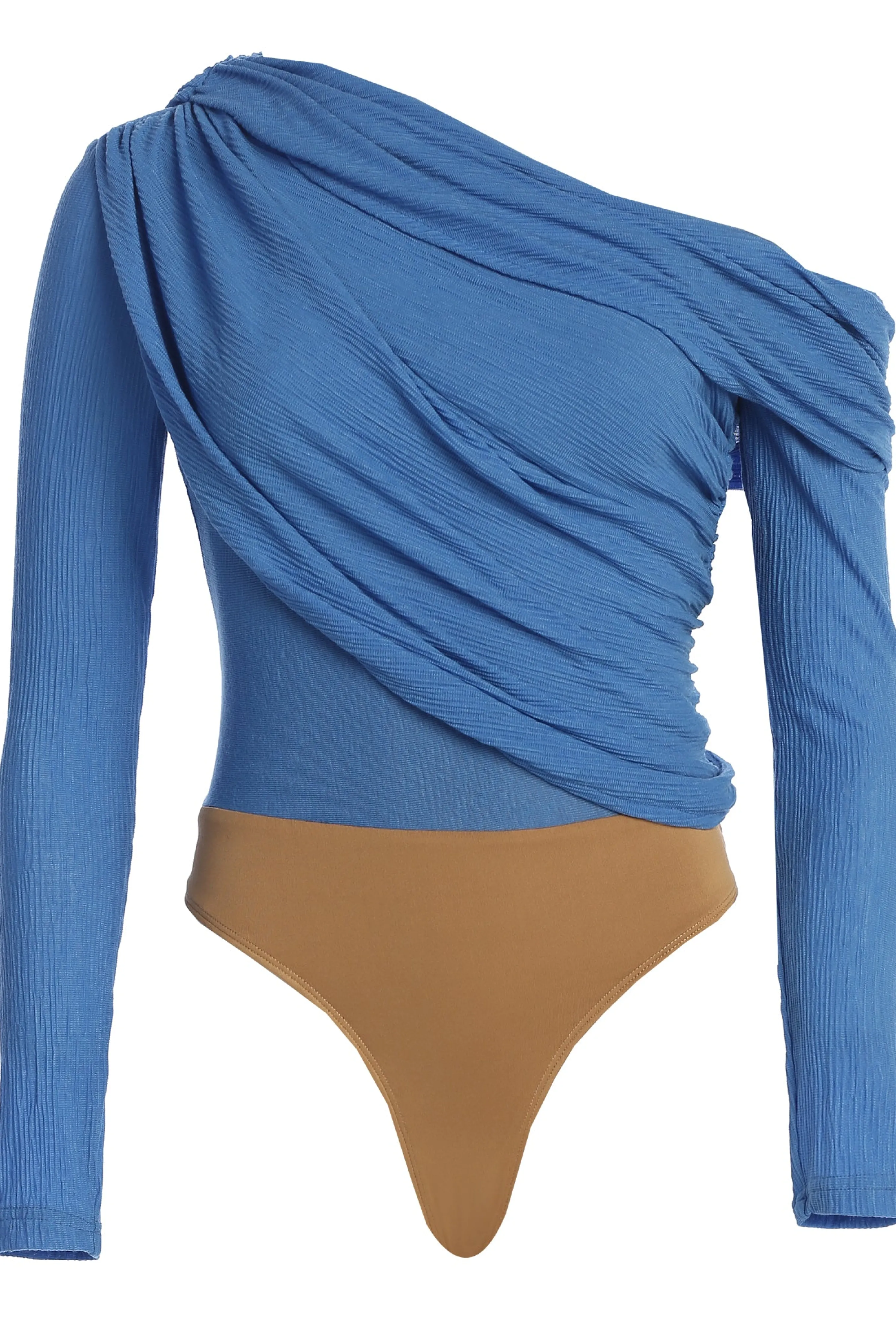 Blue Textured One Shoulder Bodysuit