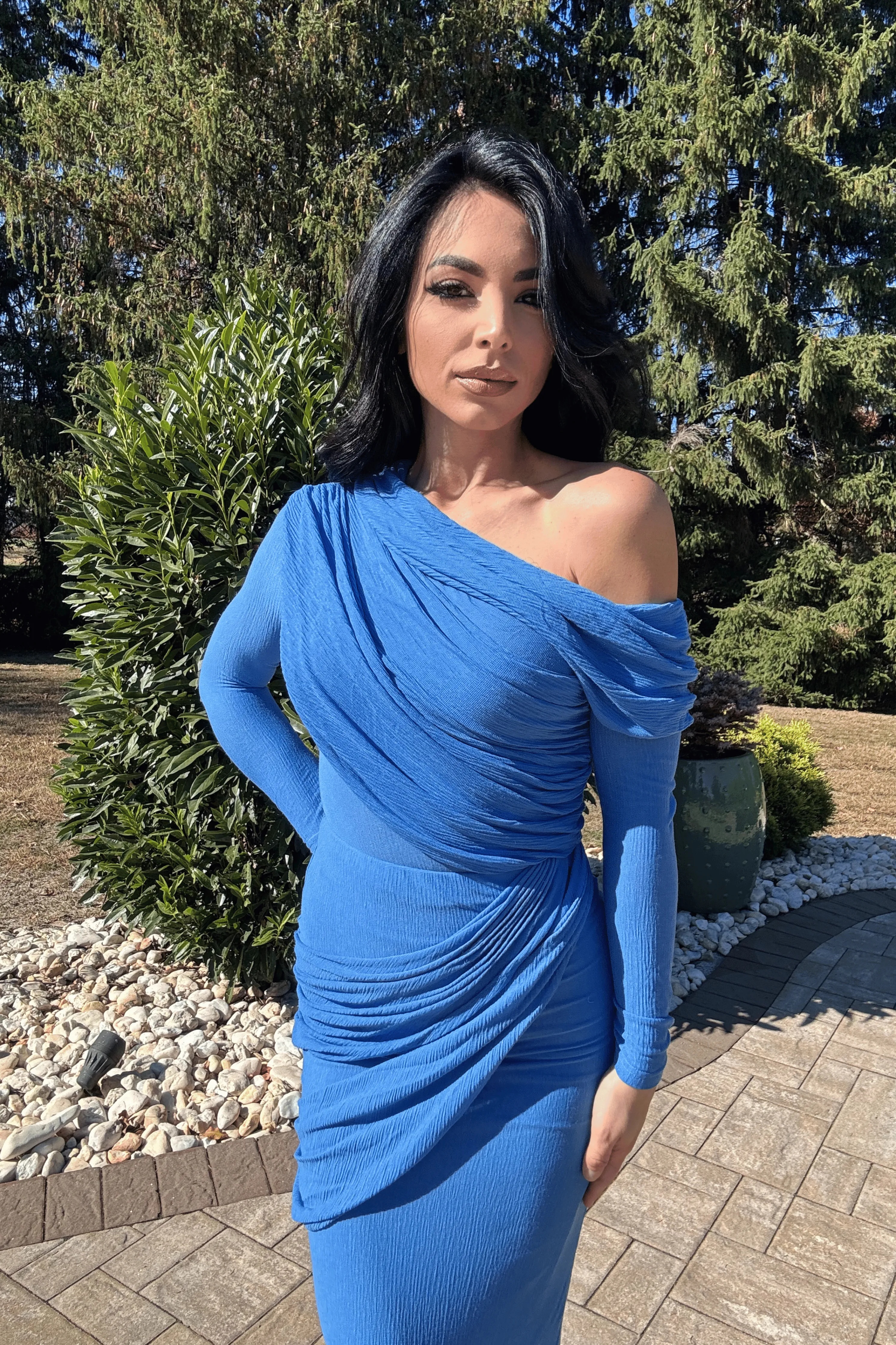 Blue Textured One Shoulder Bodysuit