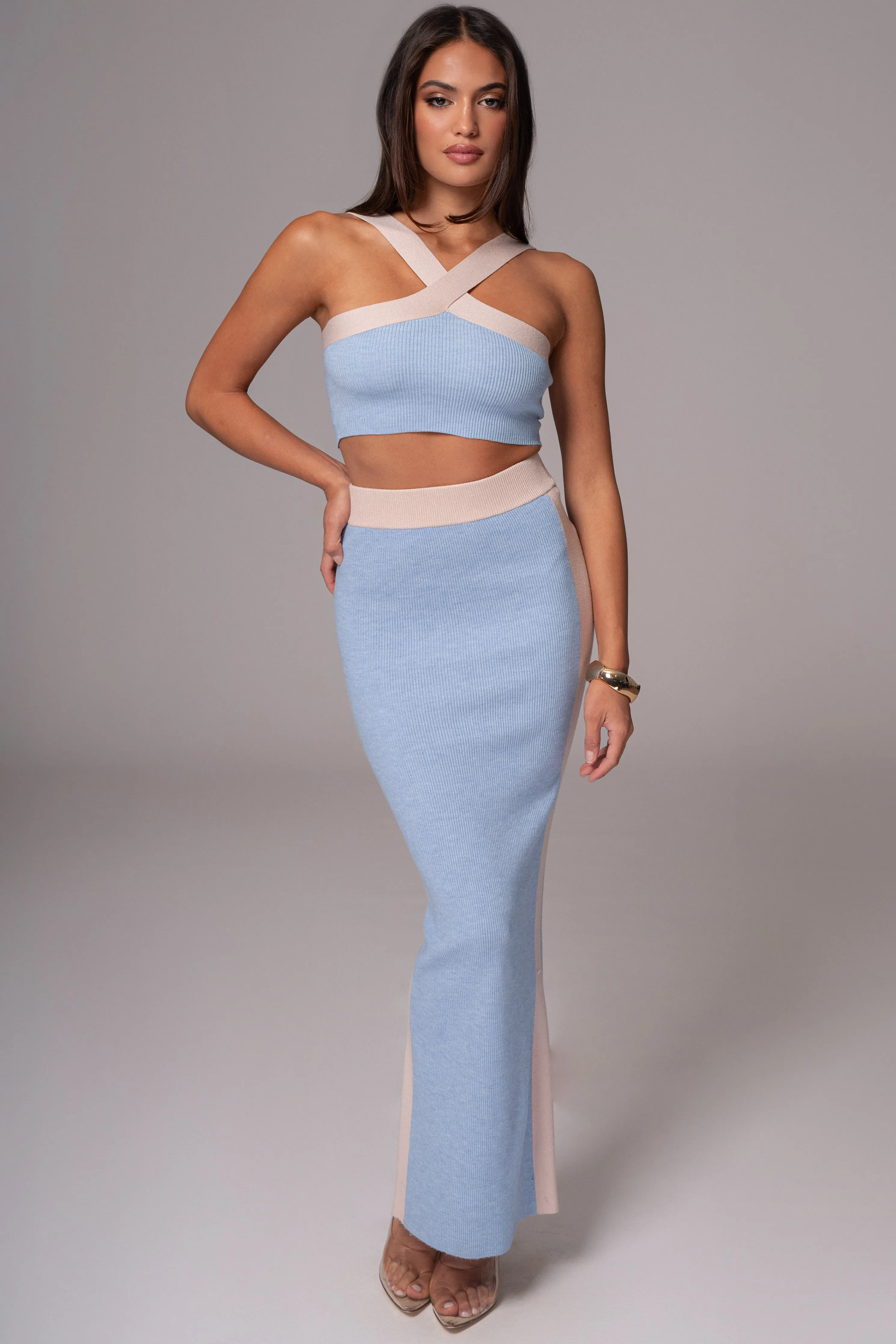 Blue/Beige Heartbreaker Two-Piece Skirt Set