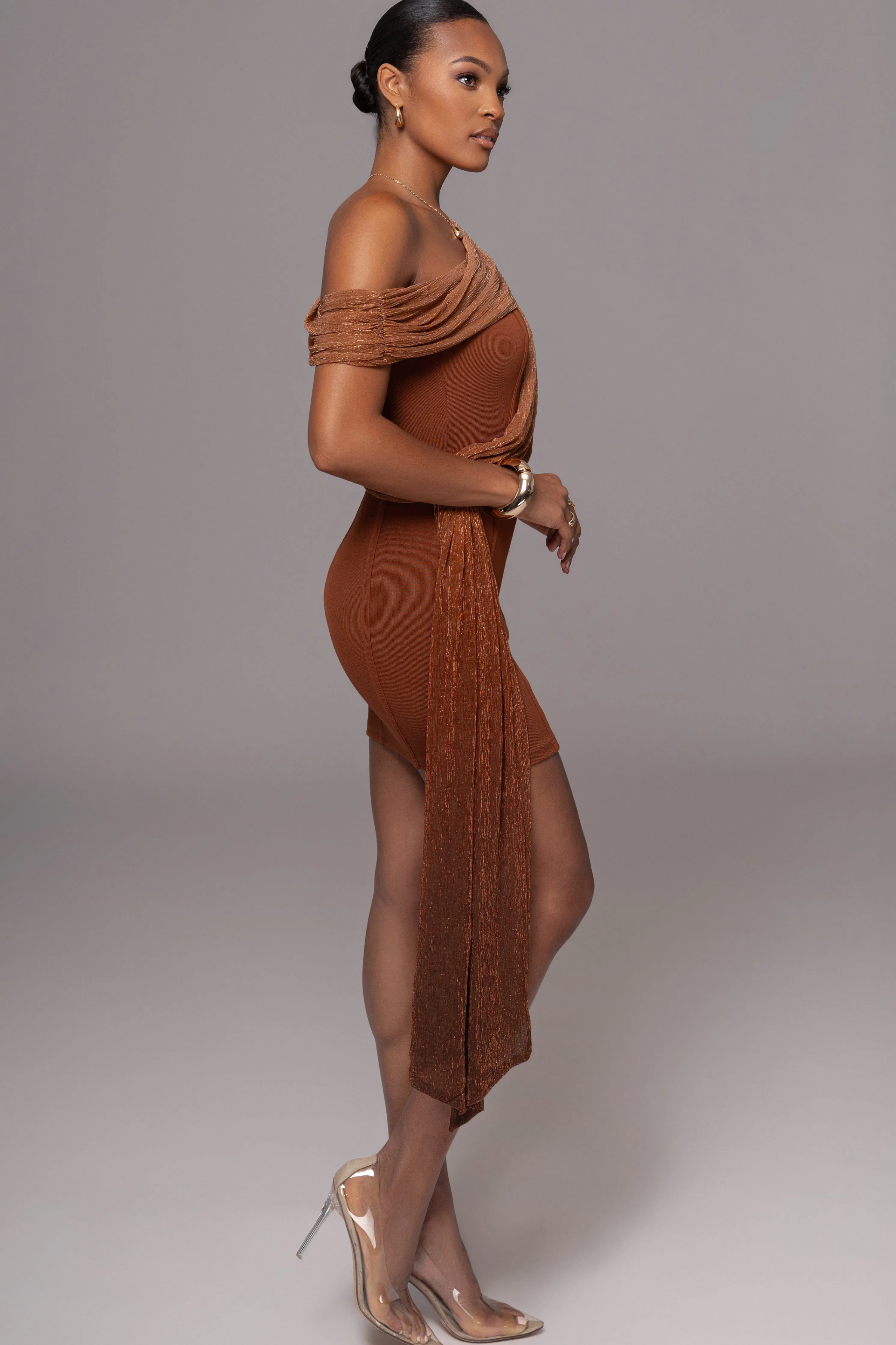 Bronze Asymmetric Drape Mini Dress