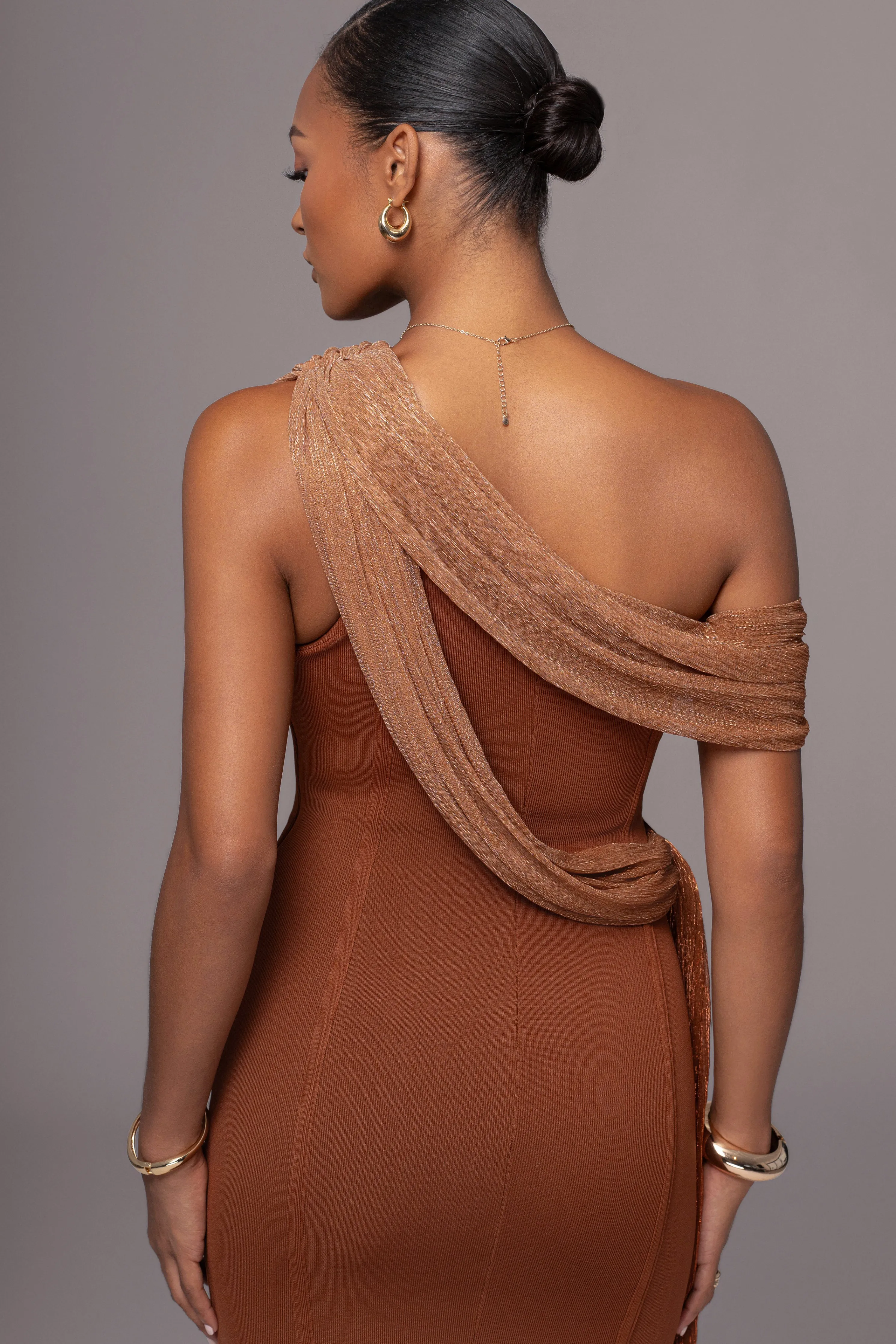 Bronze Asymmetric Drape Mini Dress