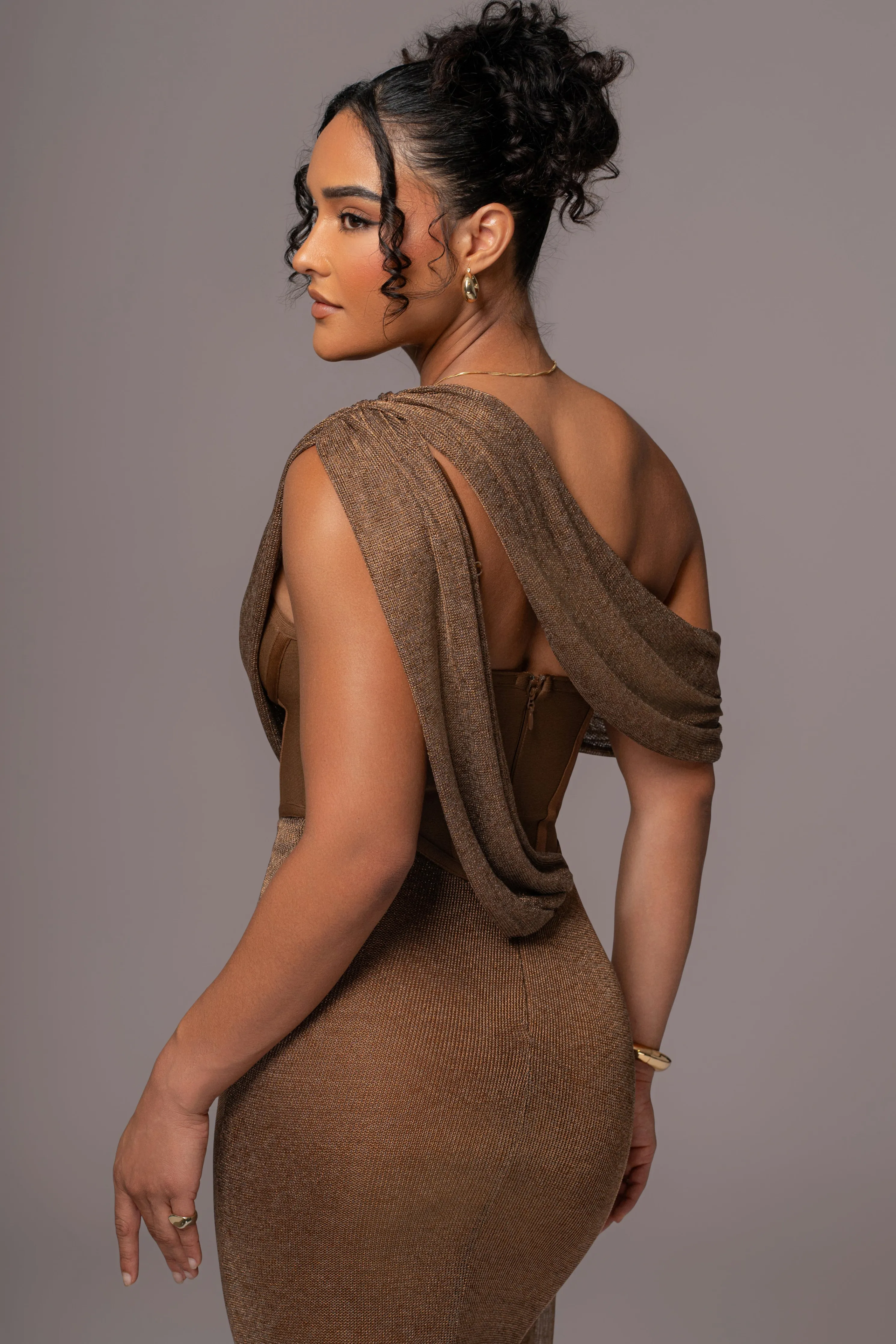 Bronze Metallic Celestina Draped Maxi Dress