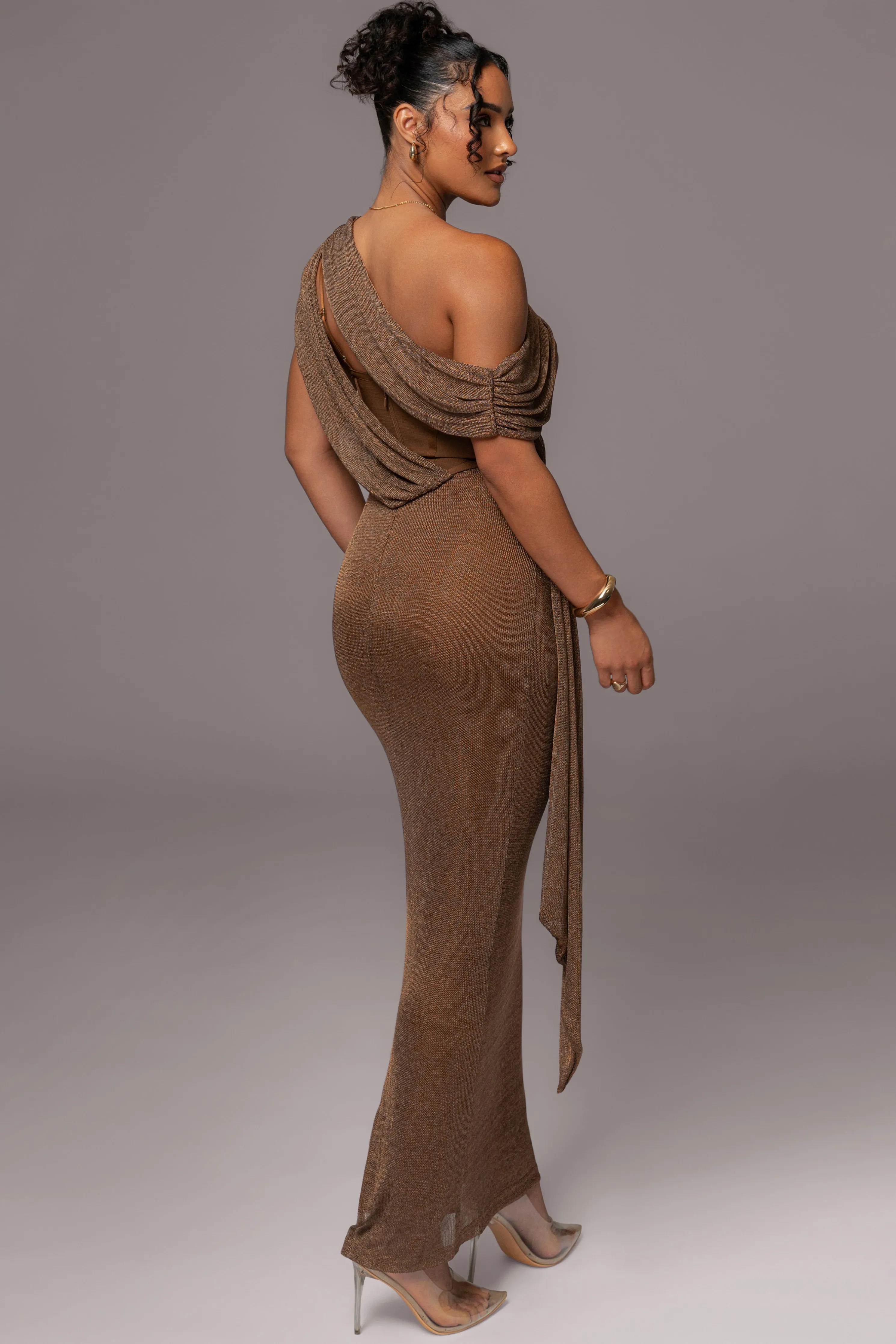 Bronze Metallic Celestina Draped Maxi Dress