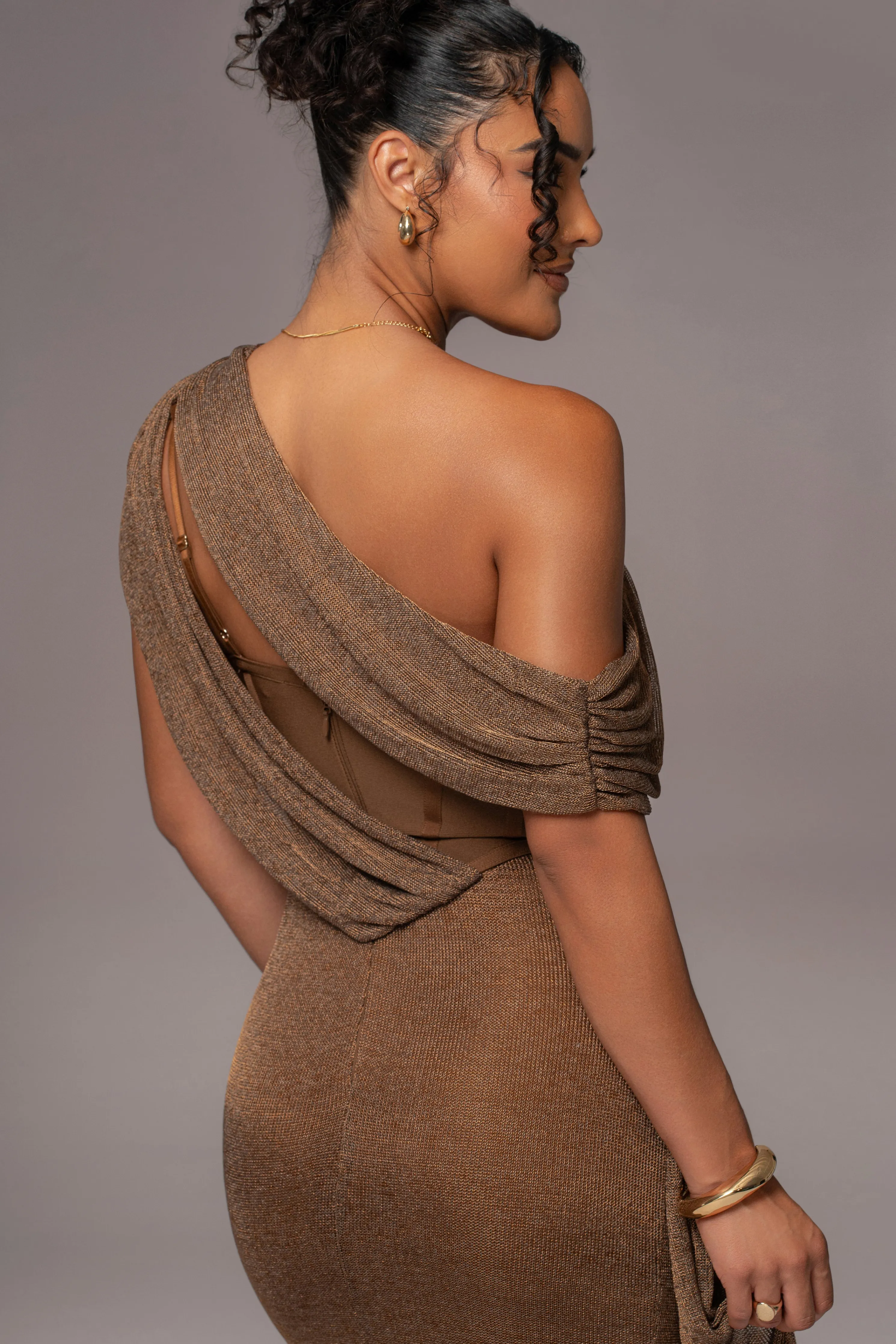 Bronze Metallic Celestina Draped Maxi Dress