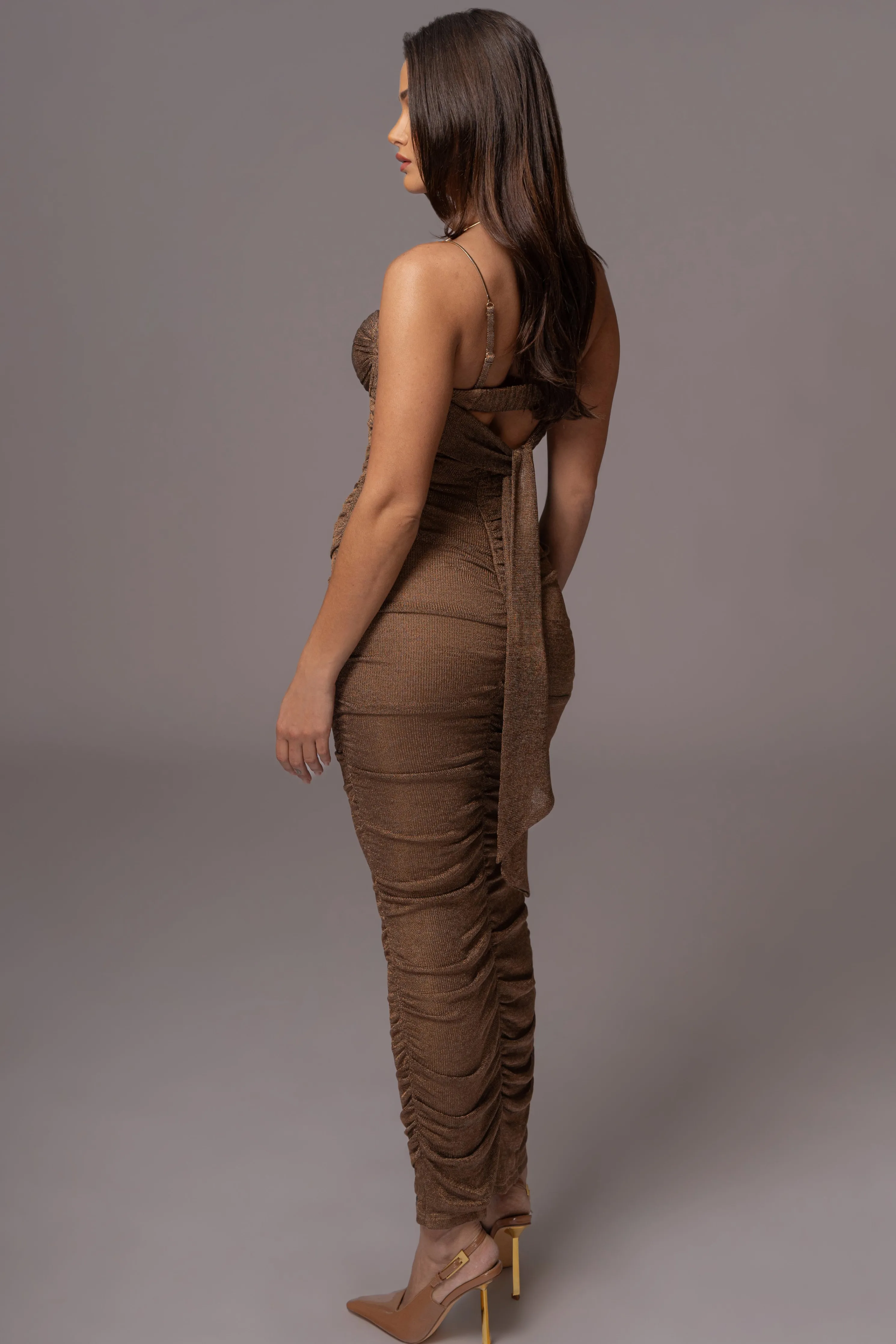 Bronze Ruched Metallic Maxi Dress