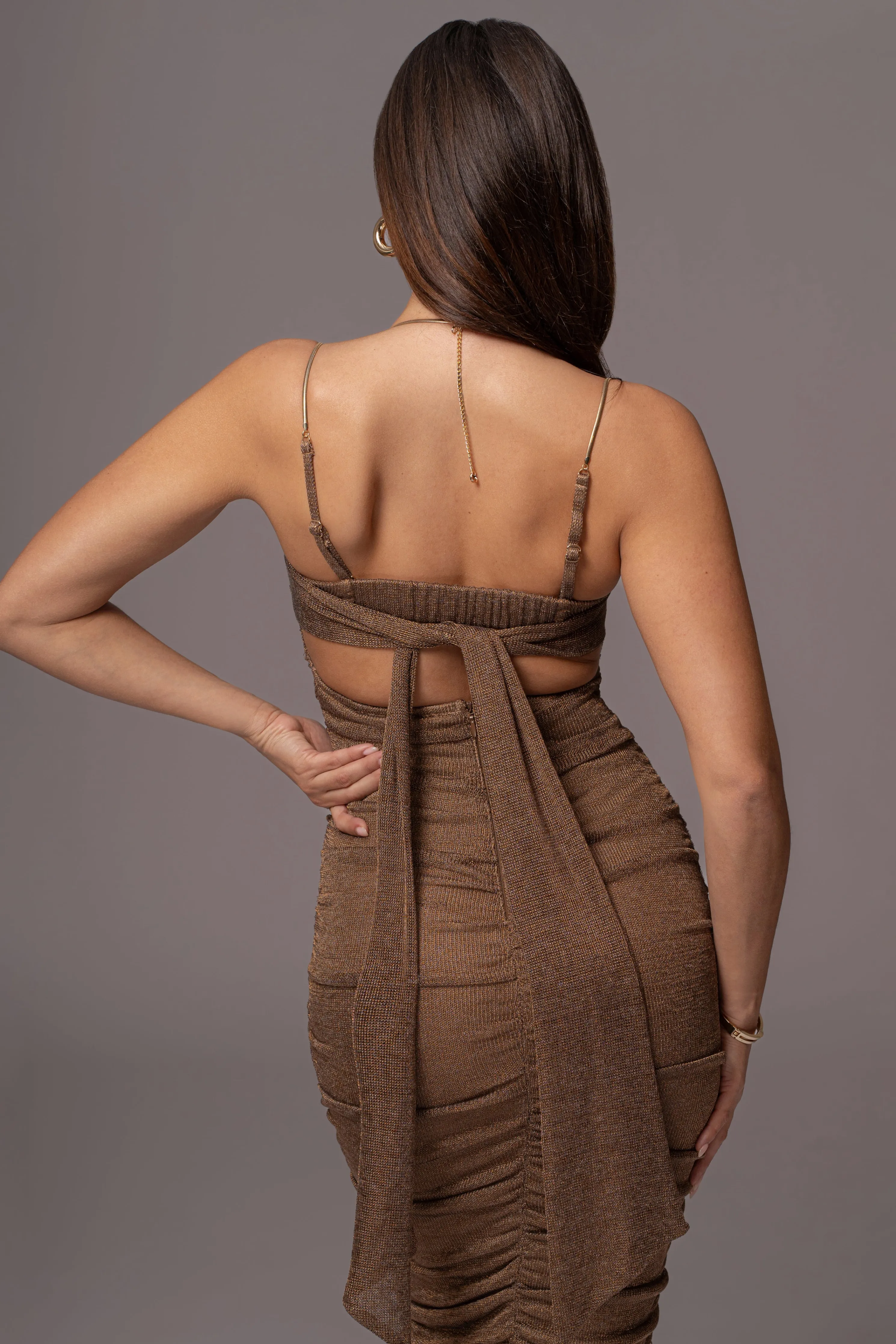 Bronze Ruched Metallic Maxi Dress