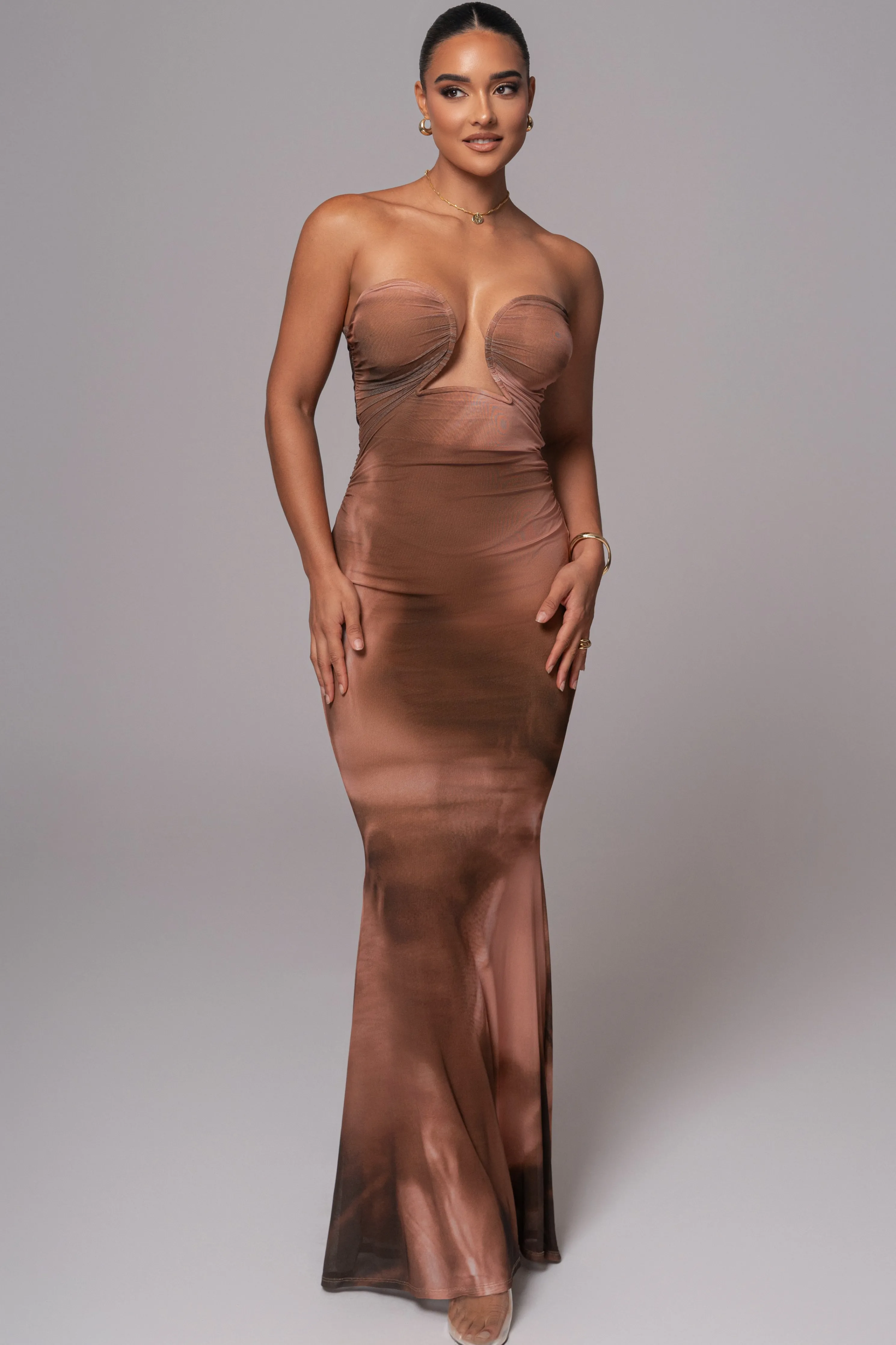 Brown Abstract Bethany Strapless Maxi Dress