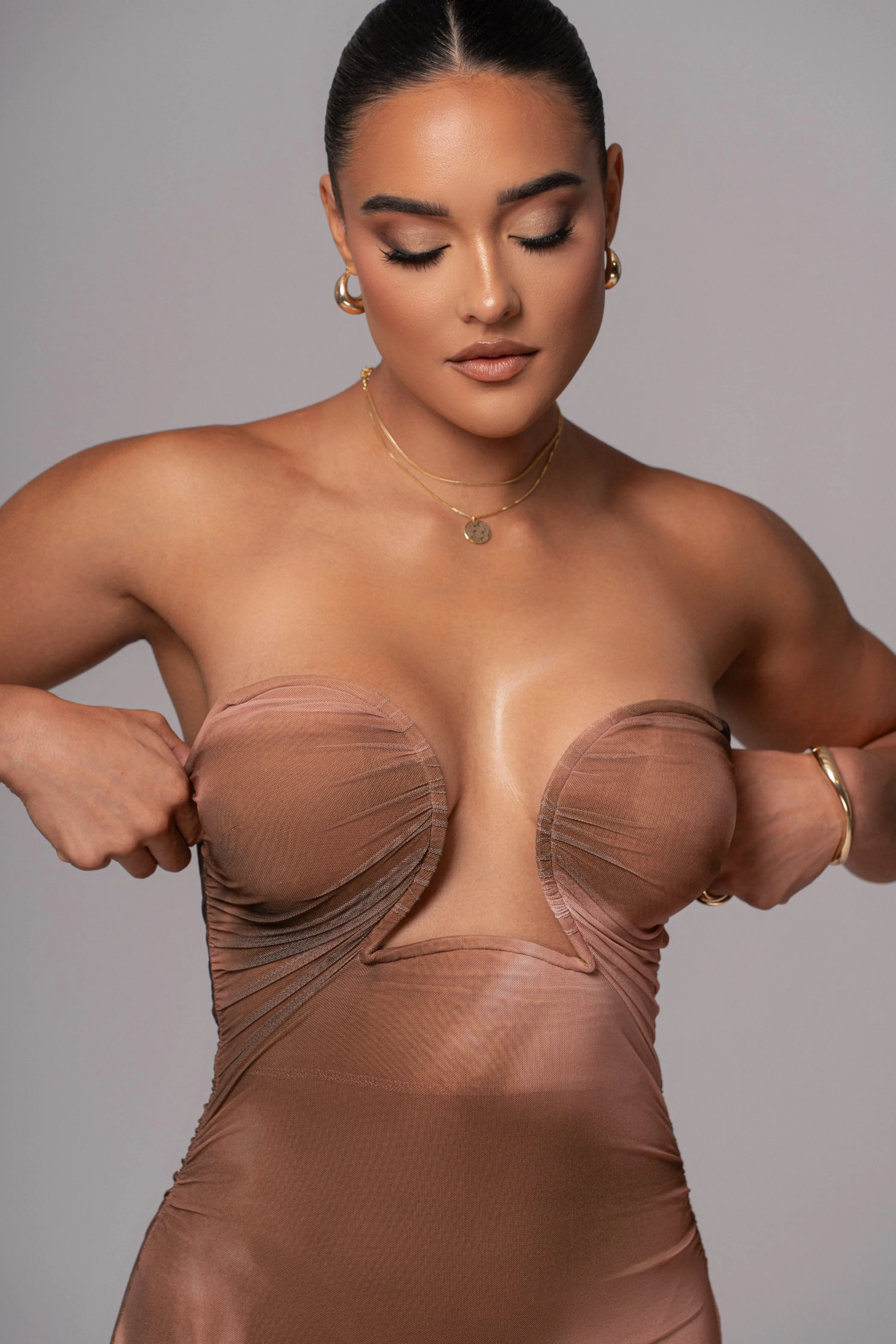 Brown Abstract Bethany Strapless Maxi Dress