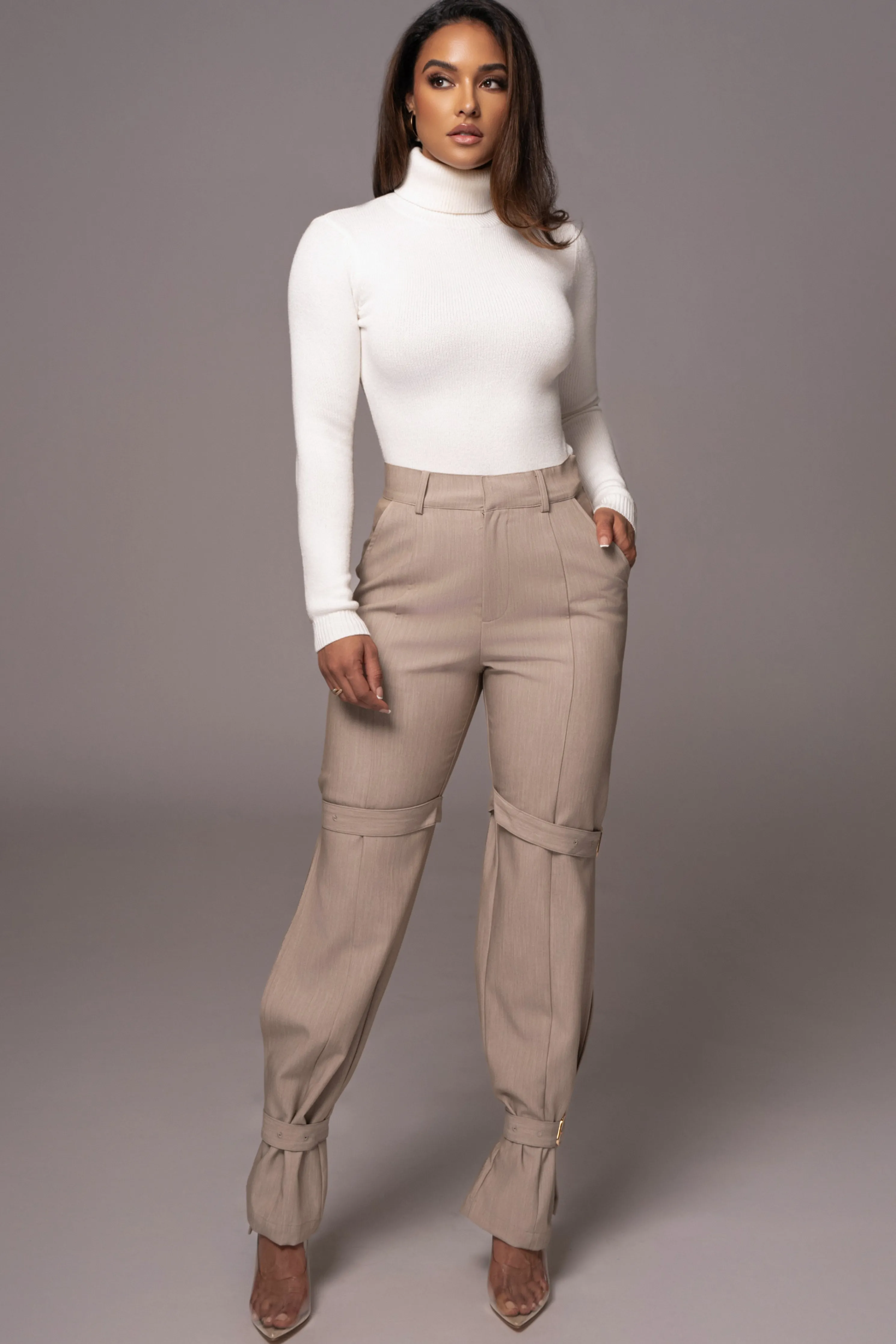 Brown Refined Belted Leg Pants