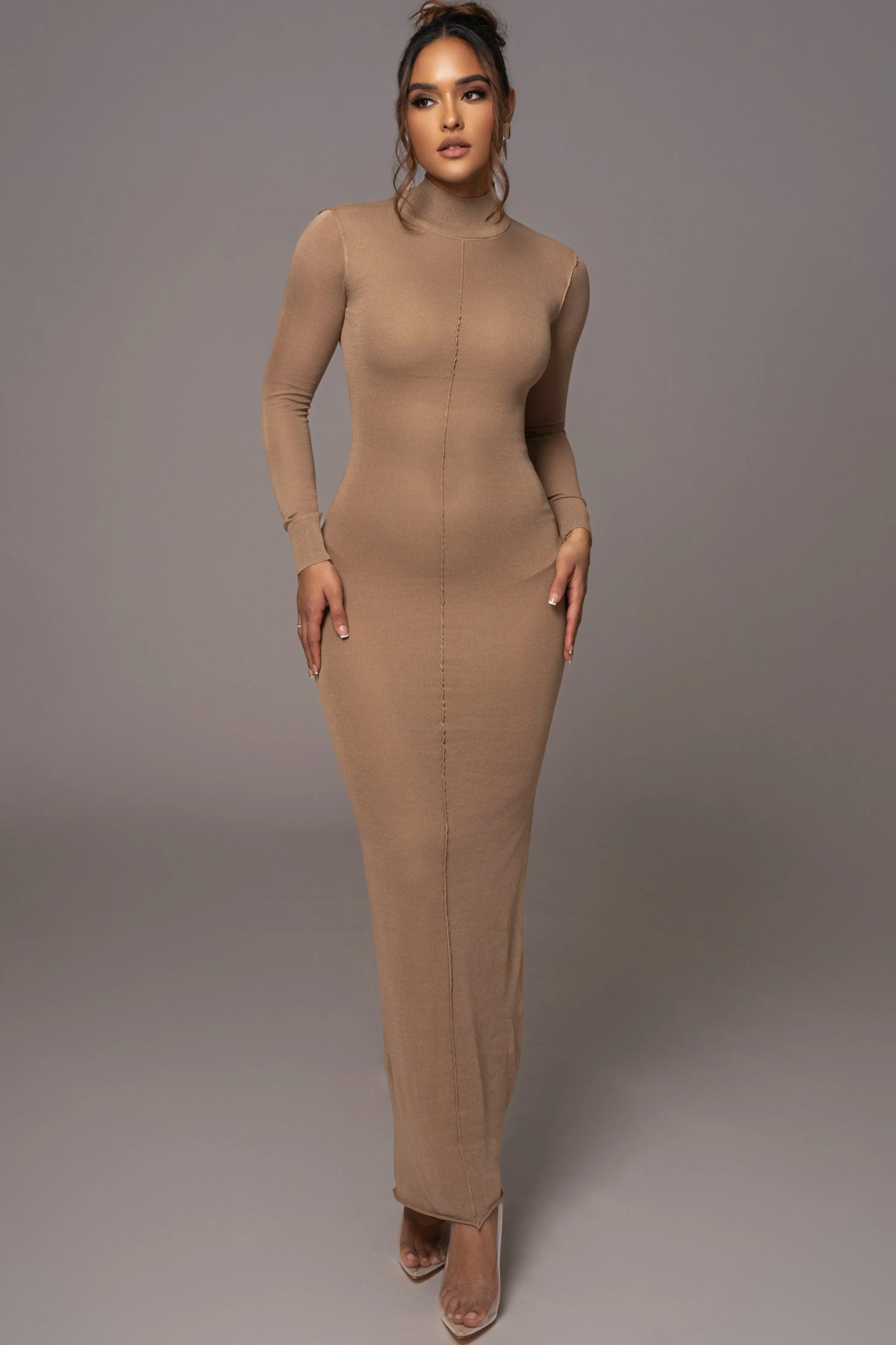 Camel Fame Mock Neck Maxi Dress