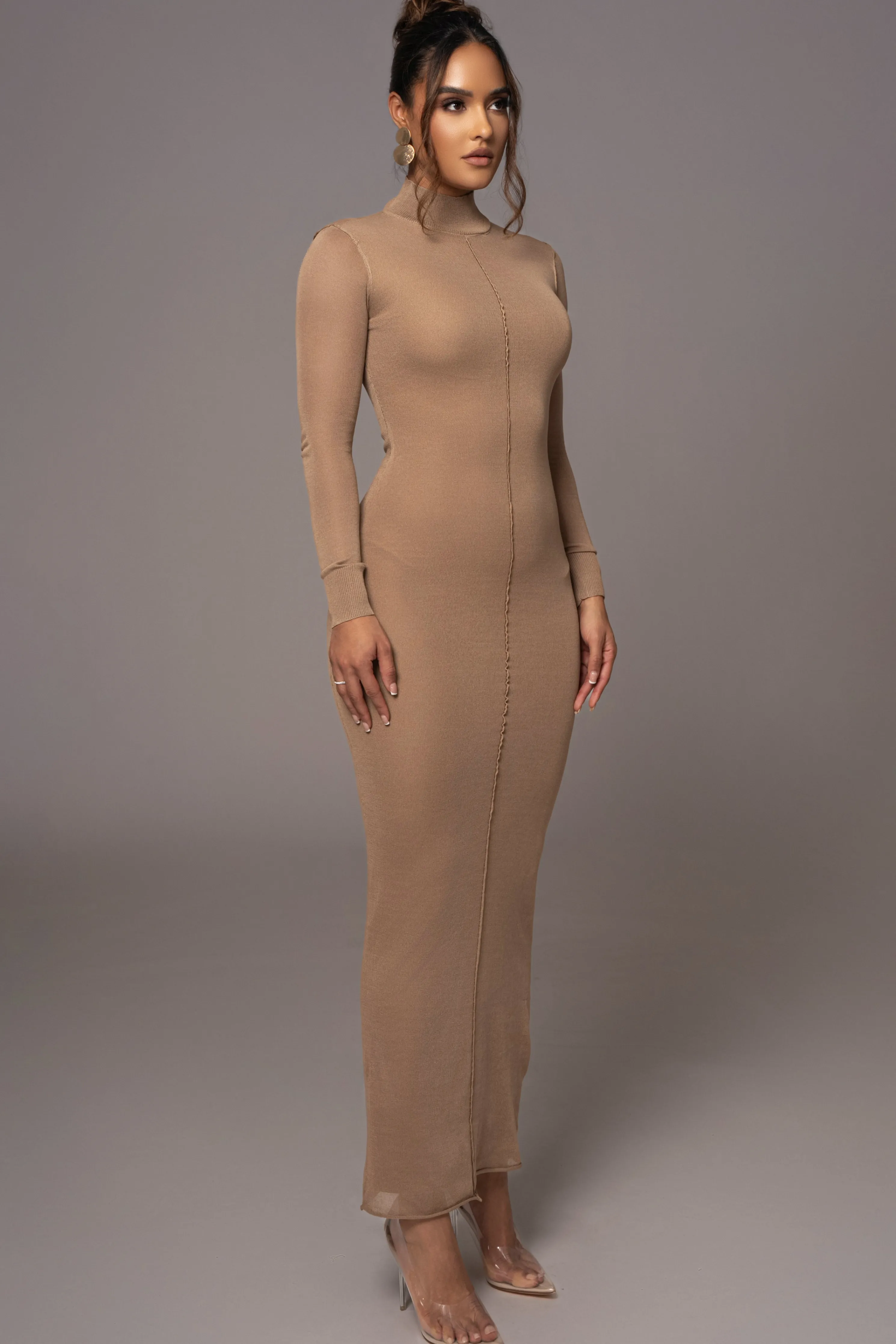 Camel Fame Mock Neck Maxi Dress