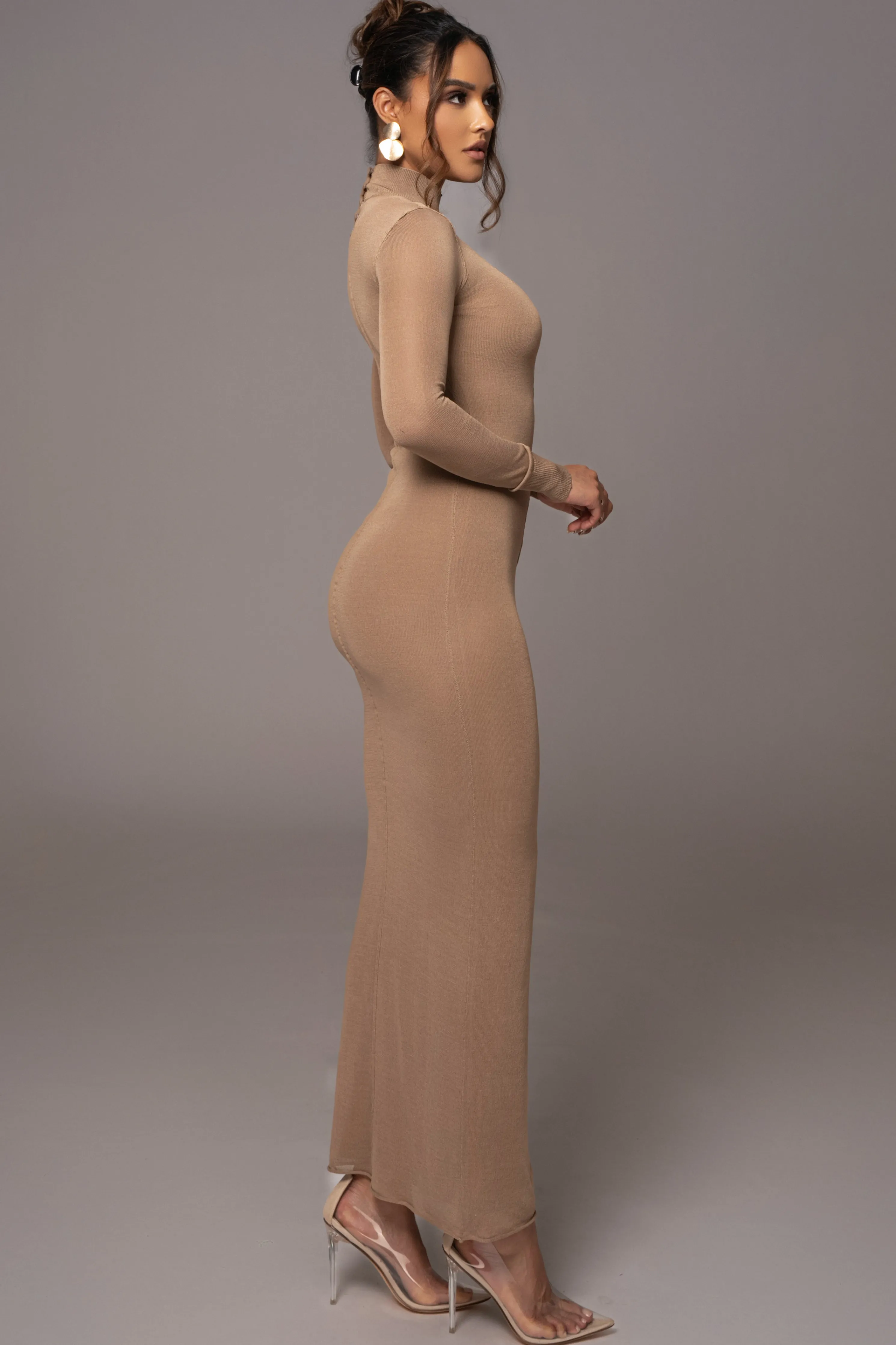 Camel Fame Mock Neck Maxi Dress