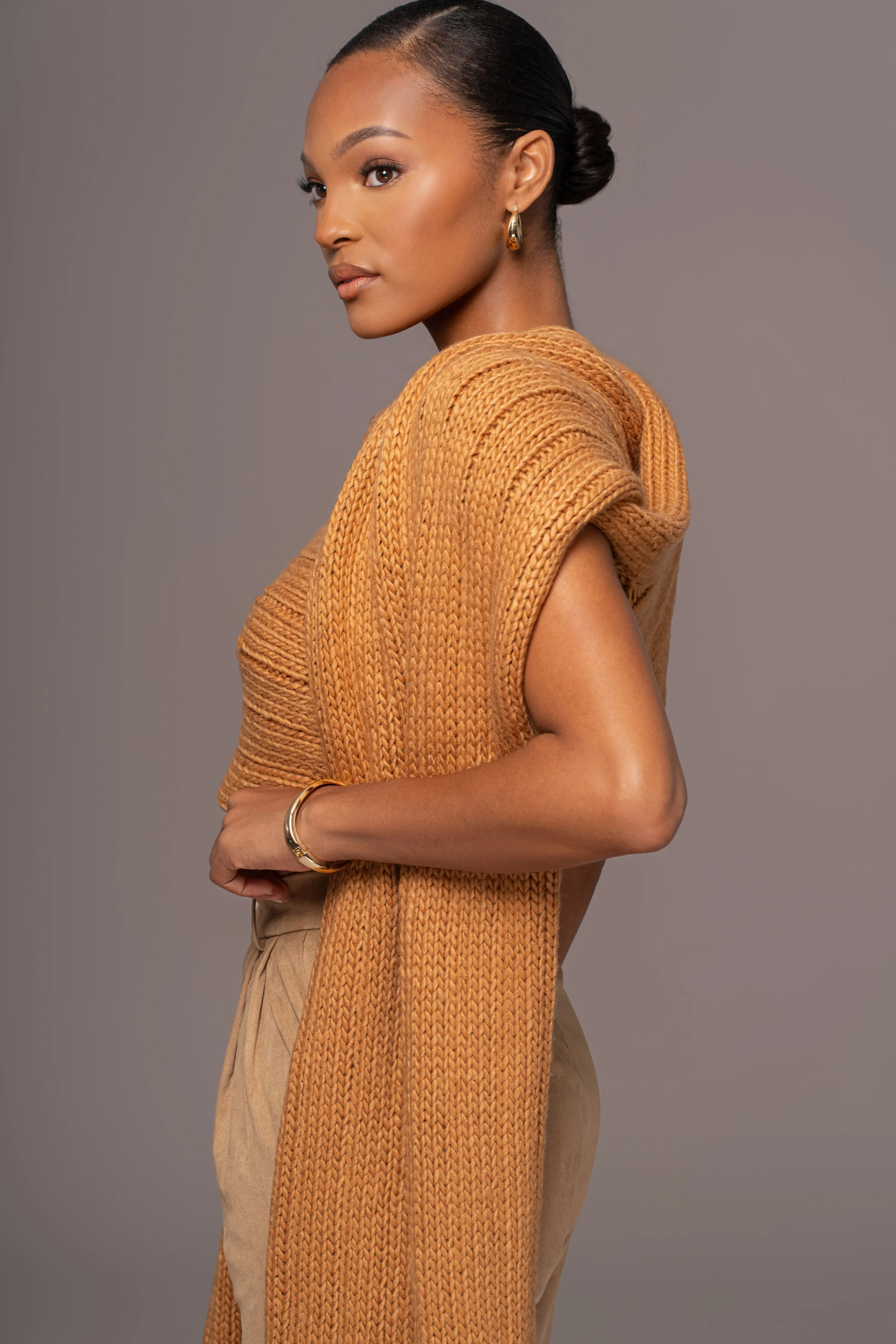 Camel Soft Life Cable Knit Sweater Top