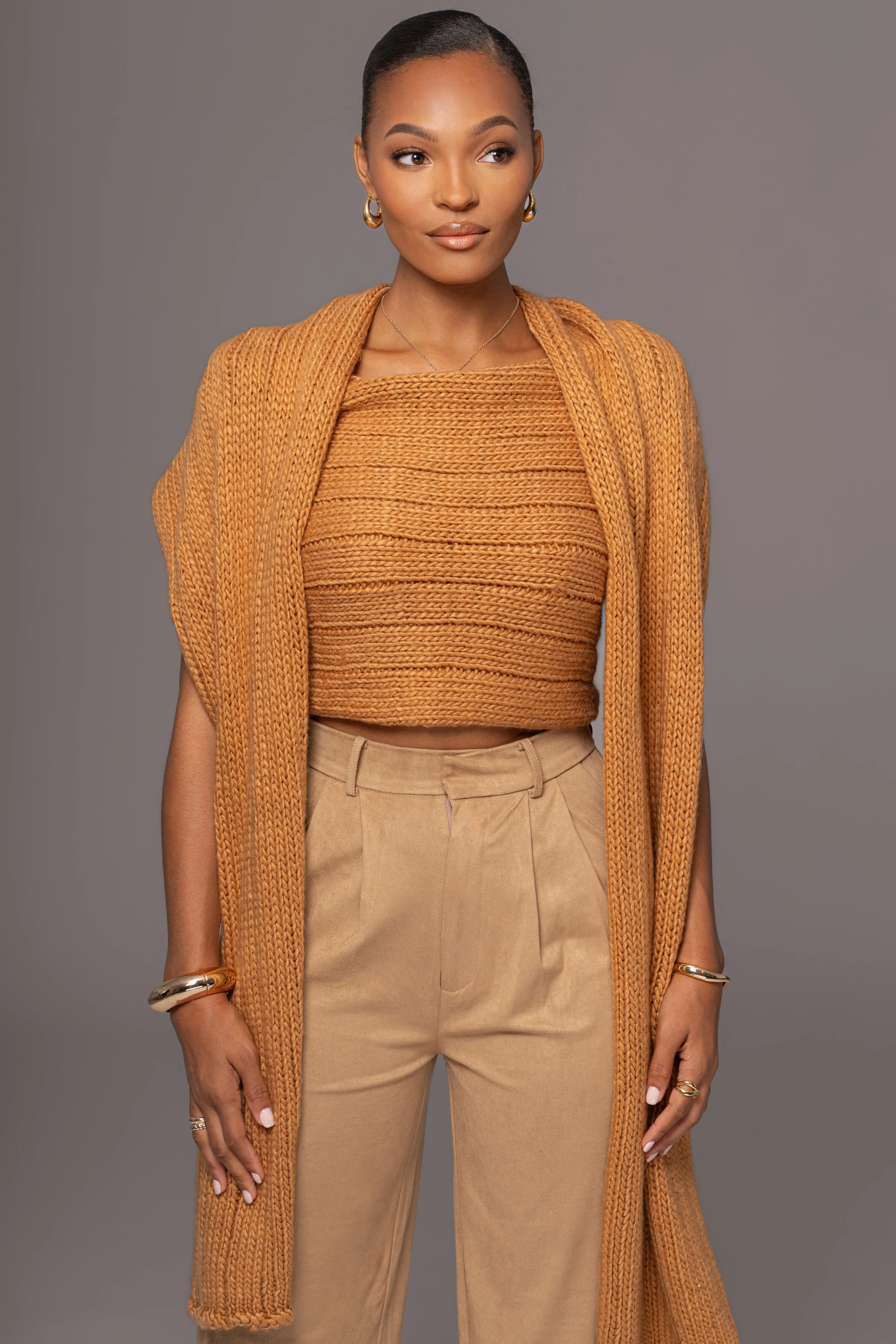 Camel Soft Life Cable Knit Sweater Top