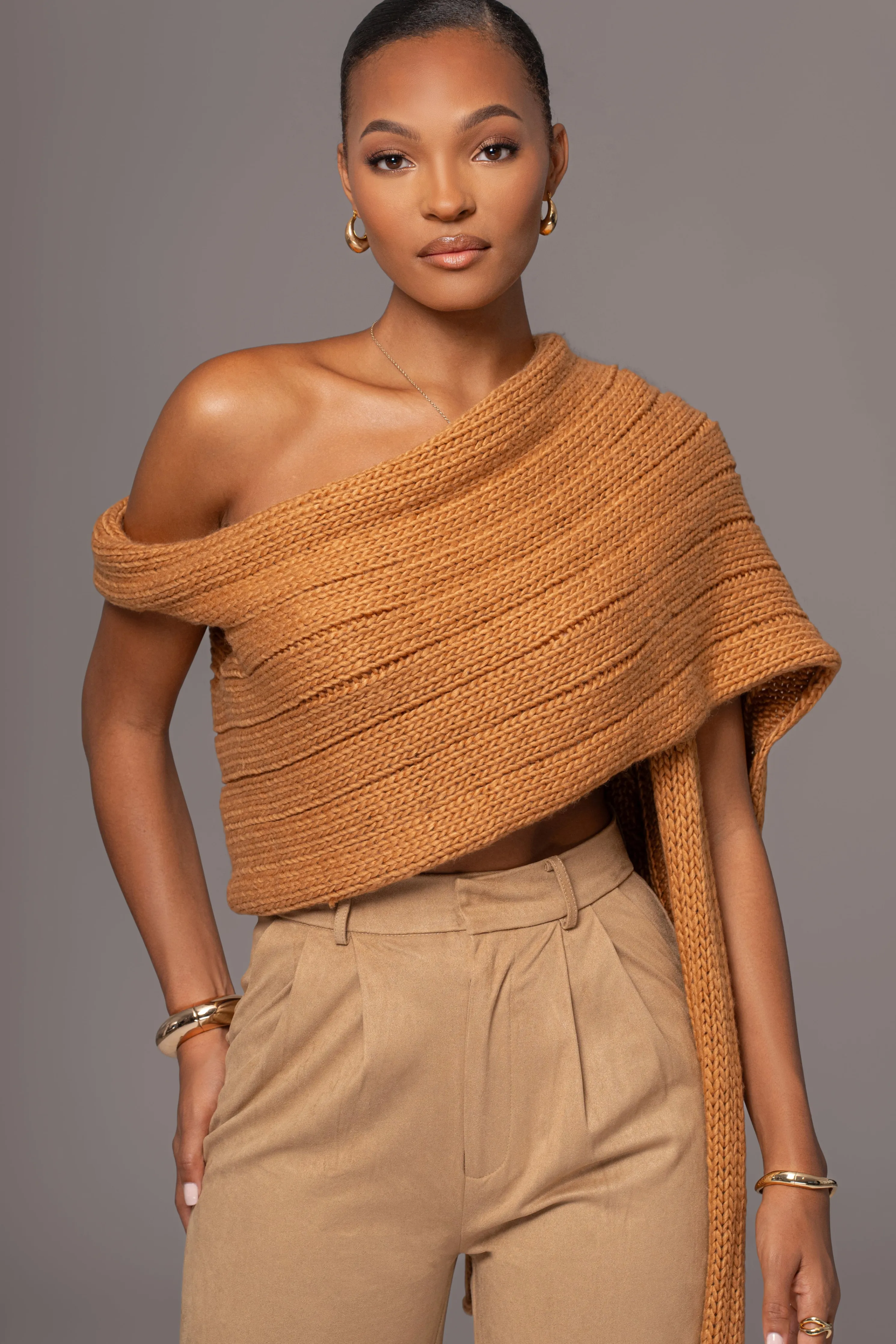 Camel Soft Life Cable Knit Sweater Top