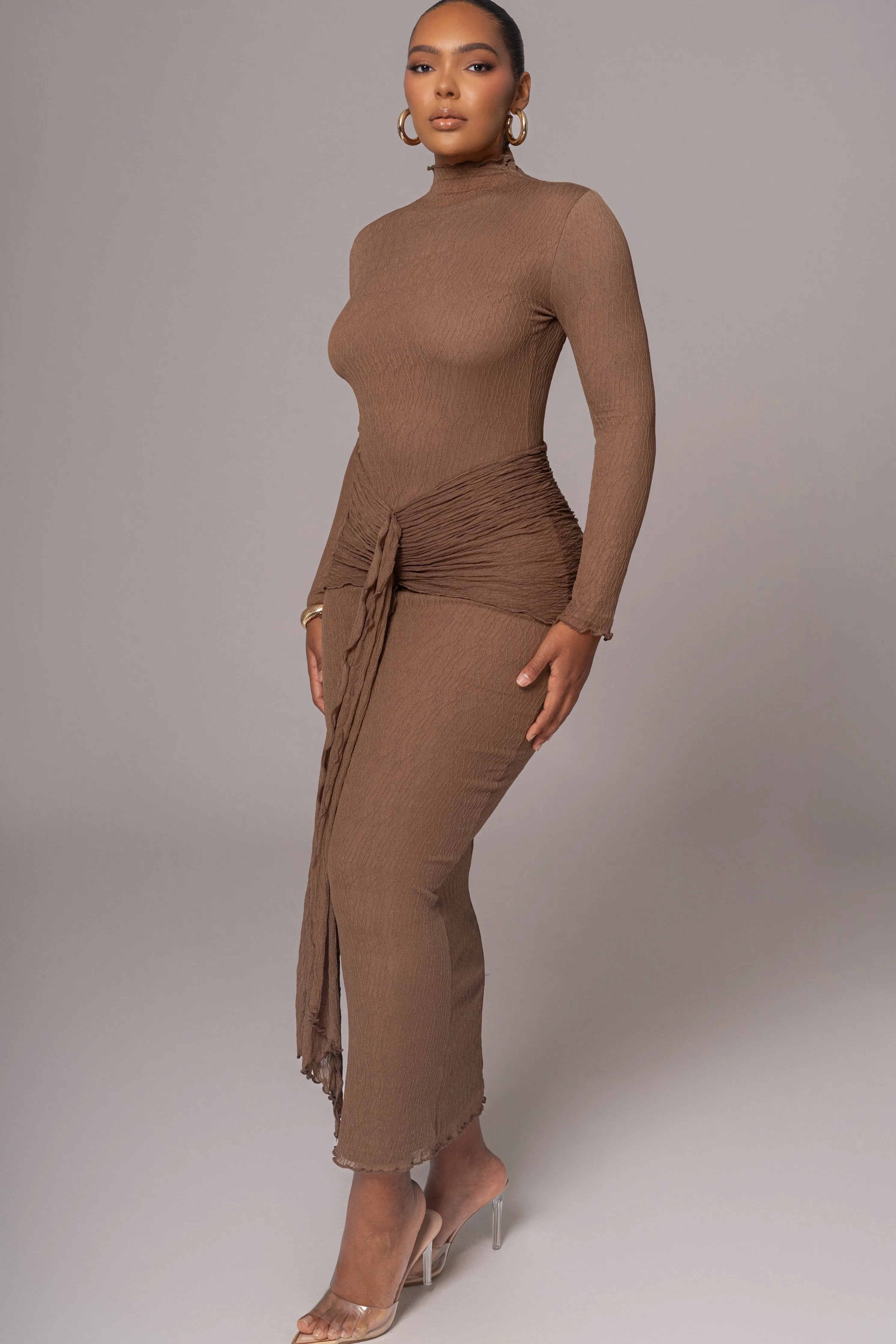 Chocolate Drape Mock Neck Dress