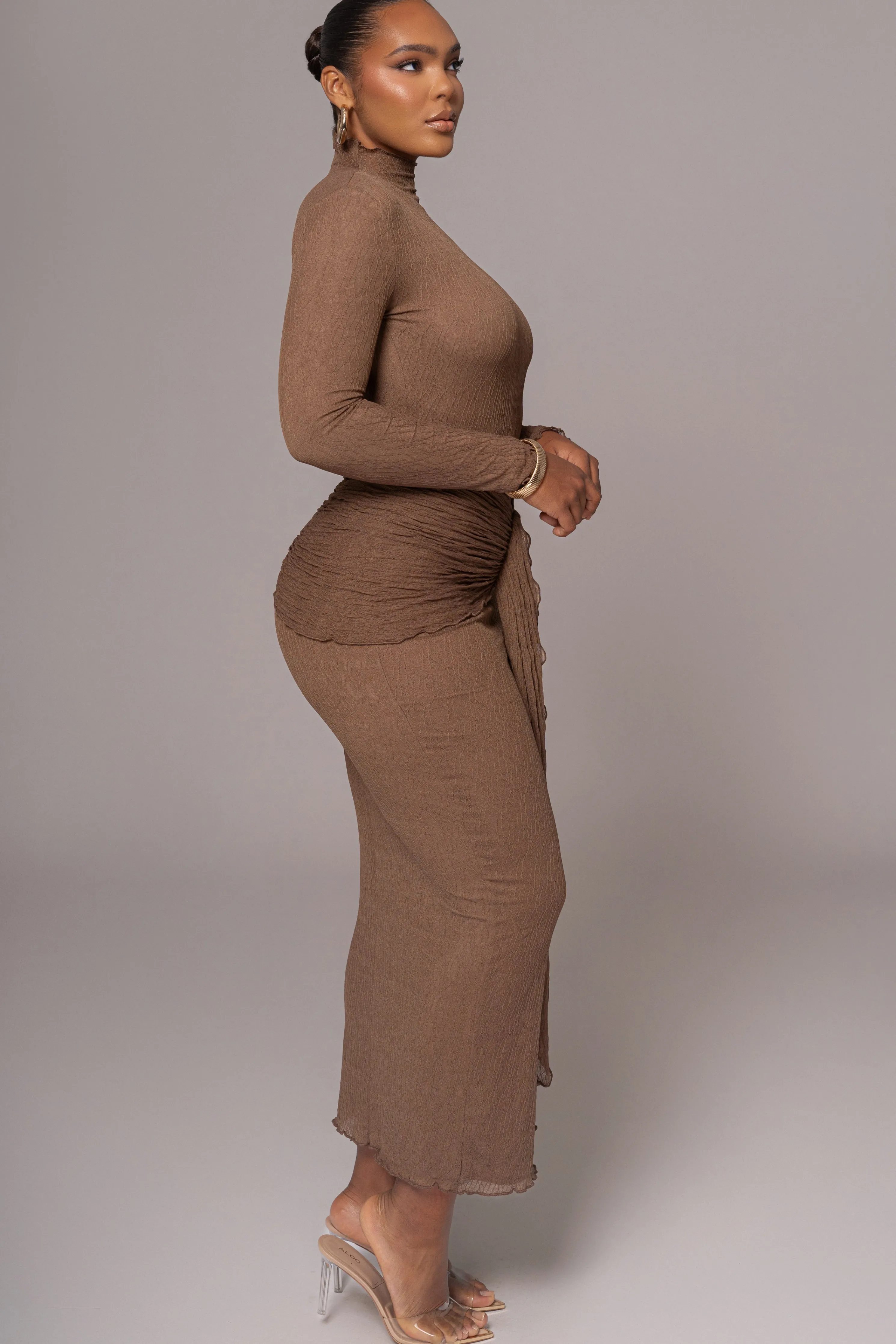 Chocolate Drape Mock Neck Dress