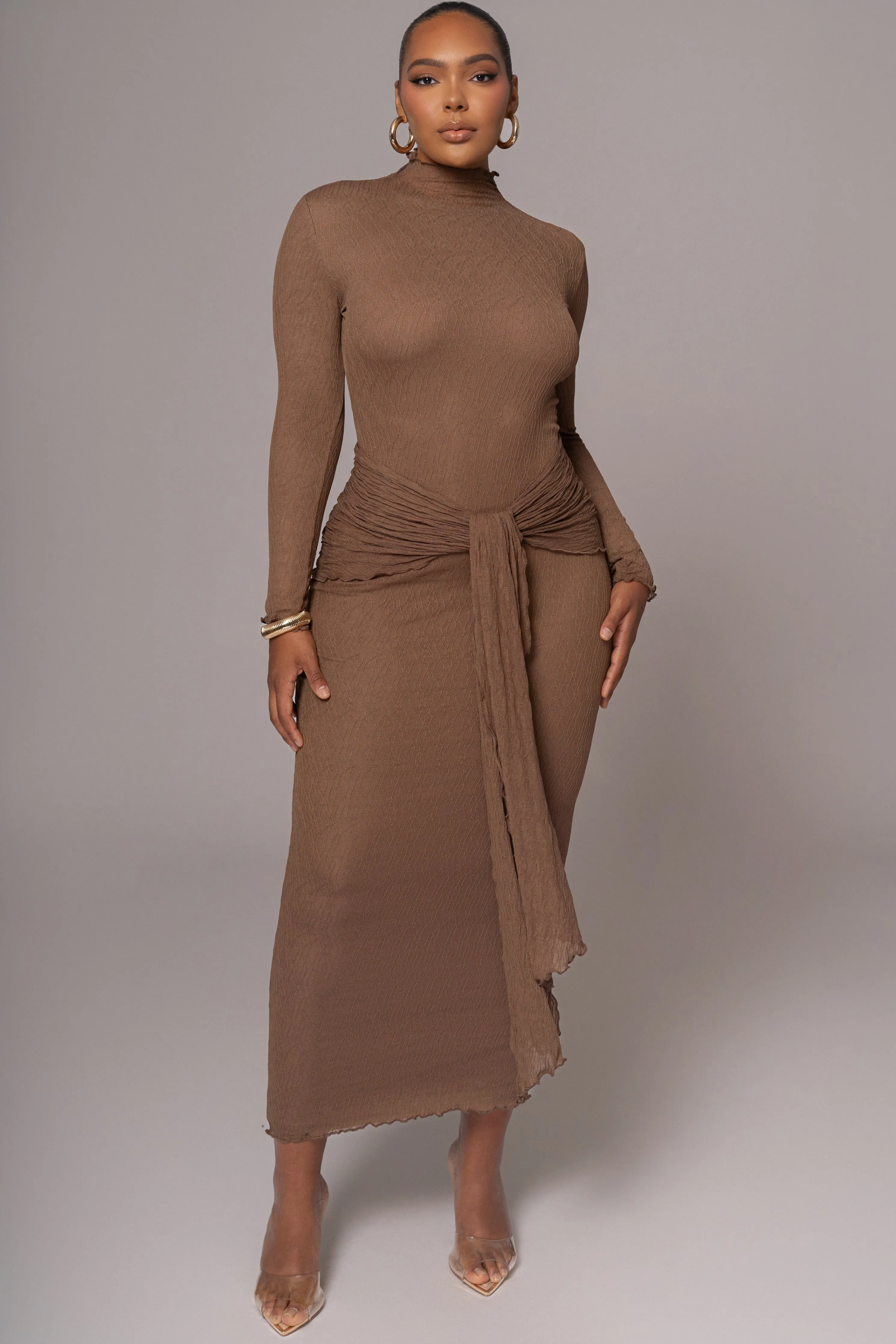 Chocolate Drape Mock Neck Dress