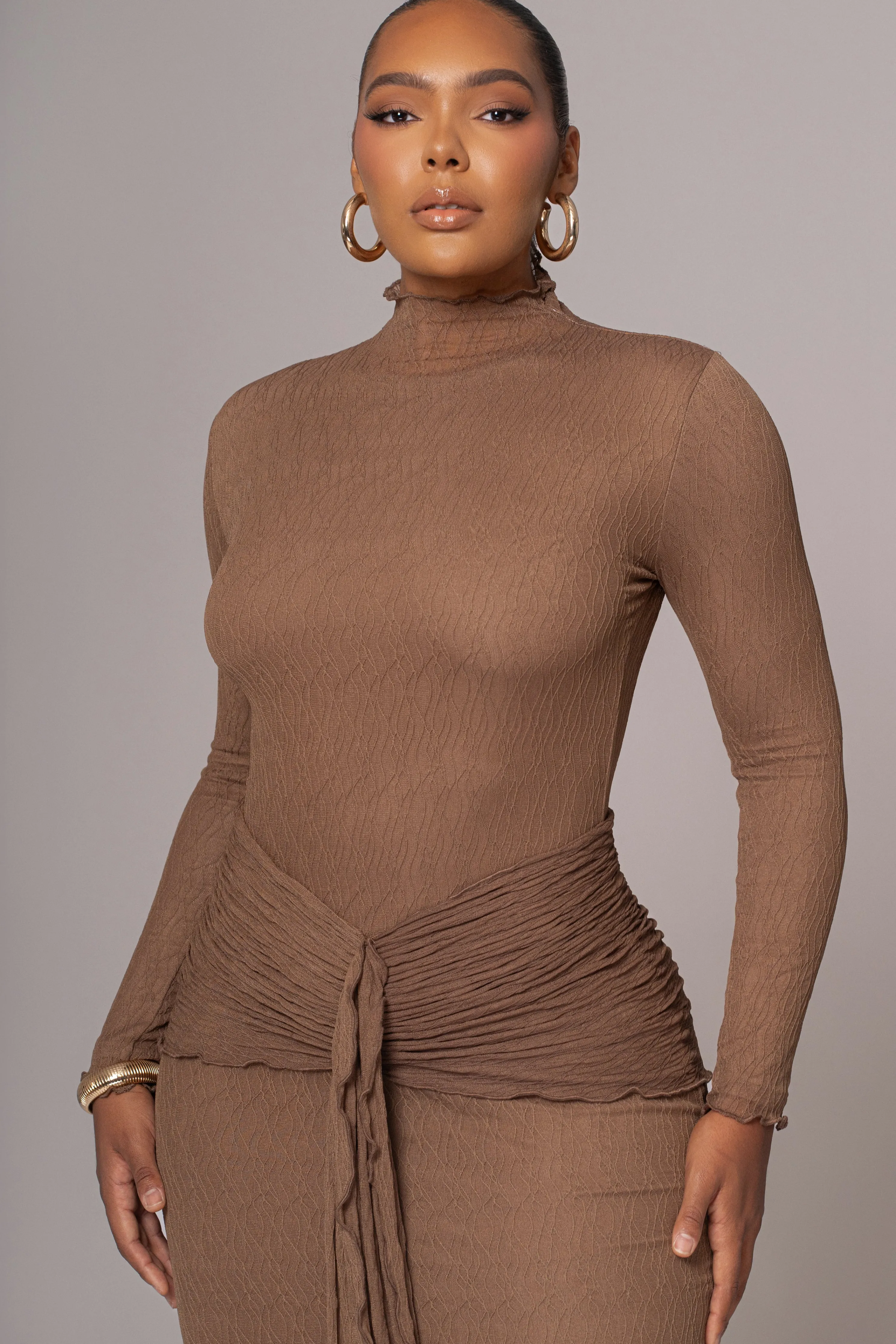 Chocolate Drape Mock Neck Dress