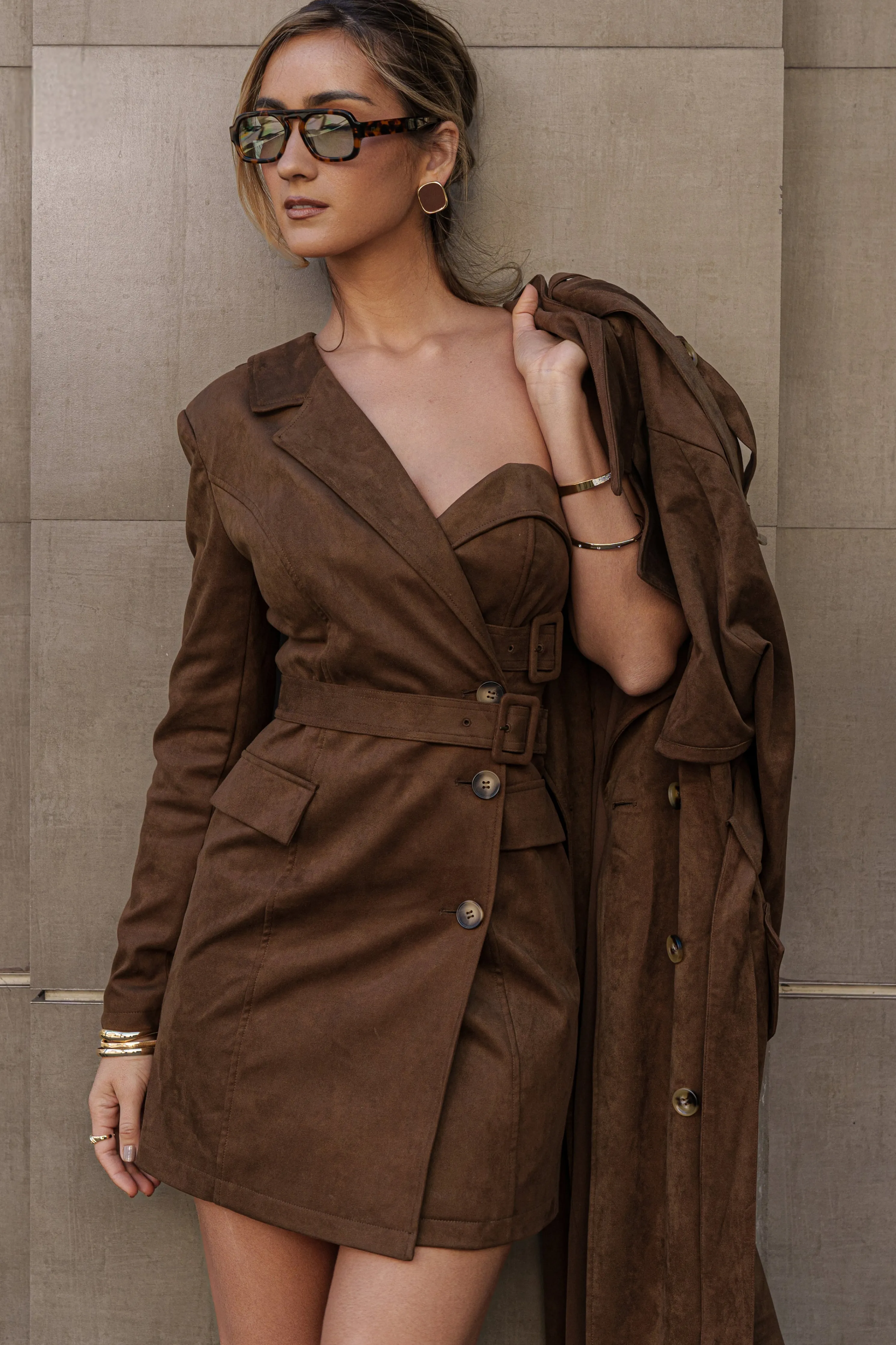 Chocolate One Shoulder Suede Blazer Dress