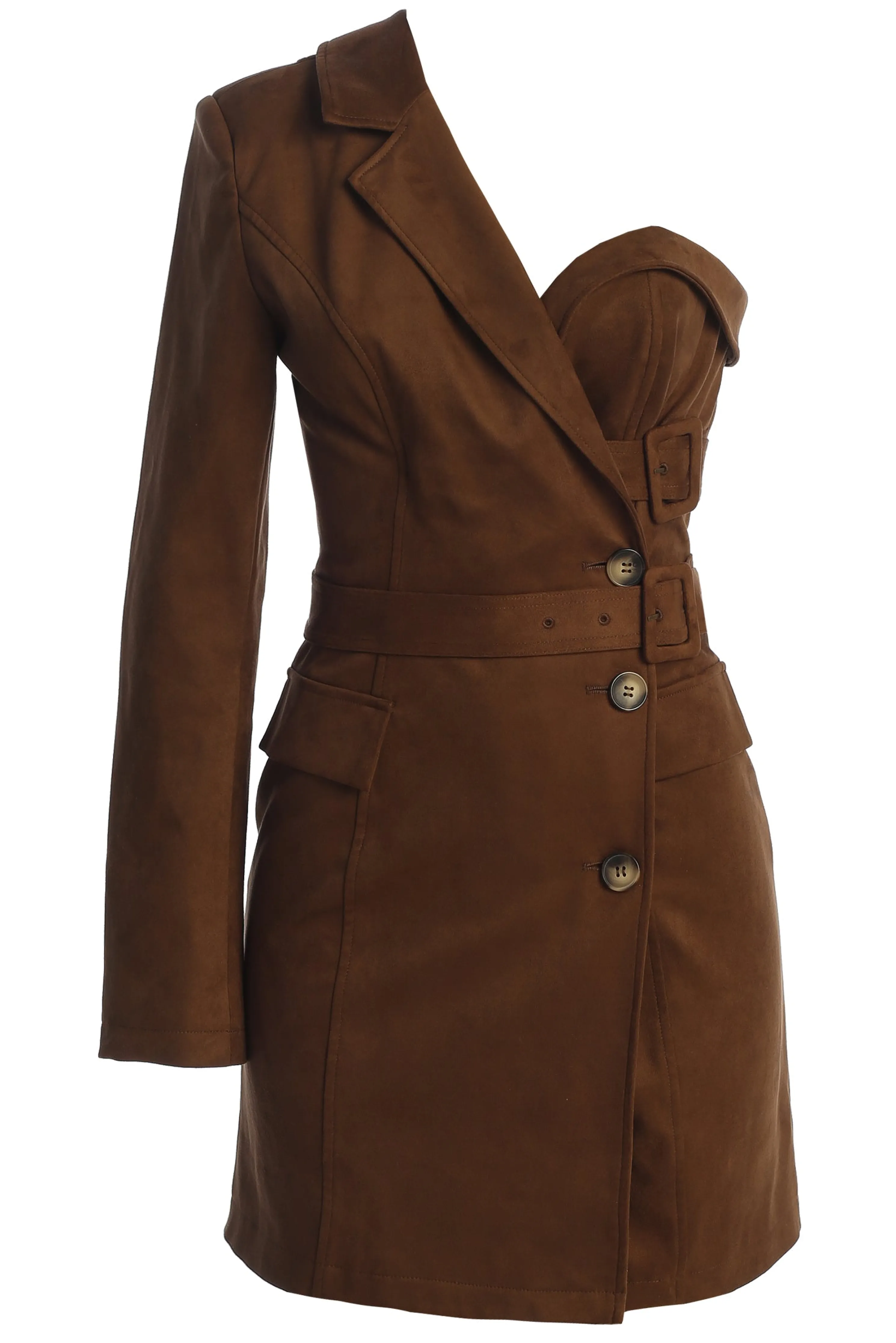 Chocolate One Shoulder Suede Blazer Dress