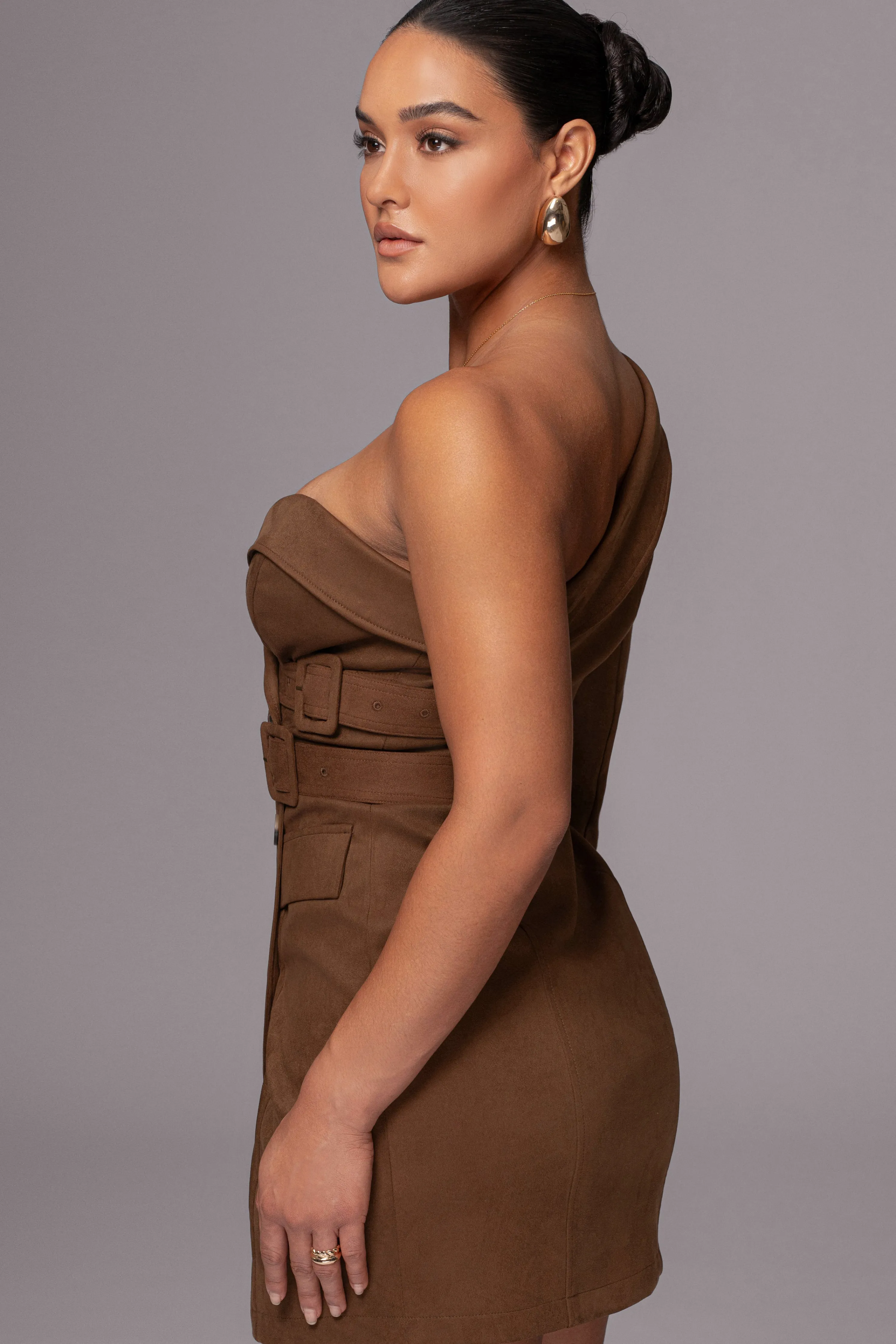 Chocolate One Shoulder Suede Blazer Dress