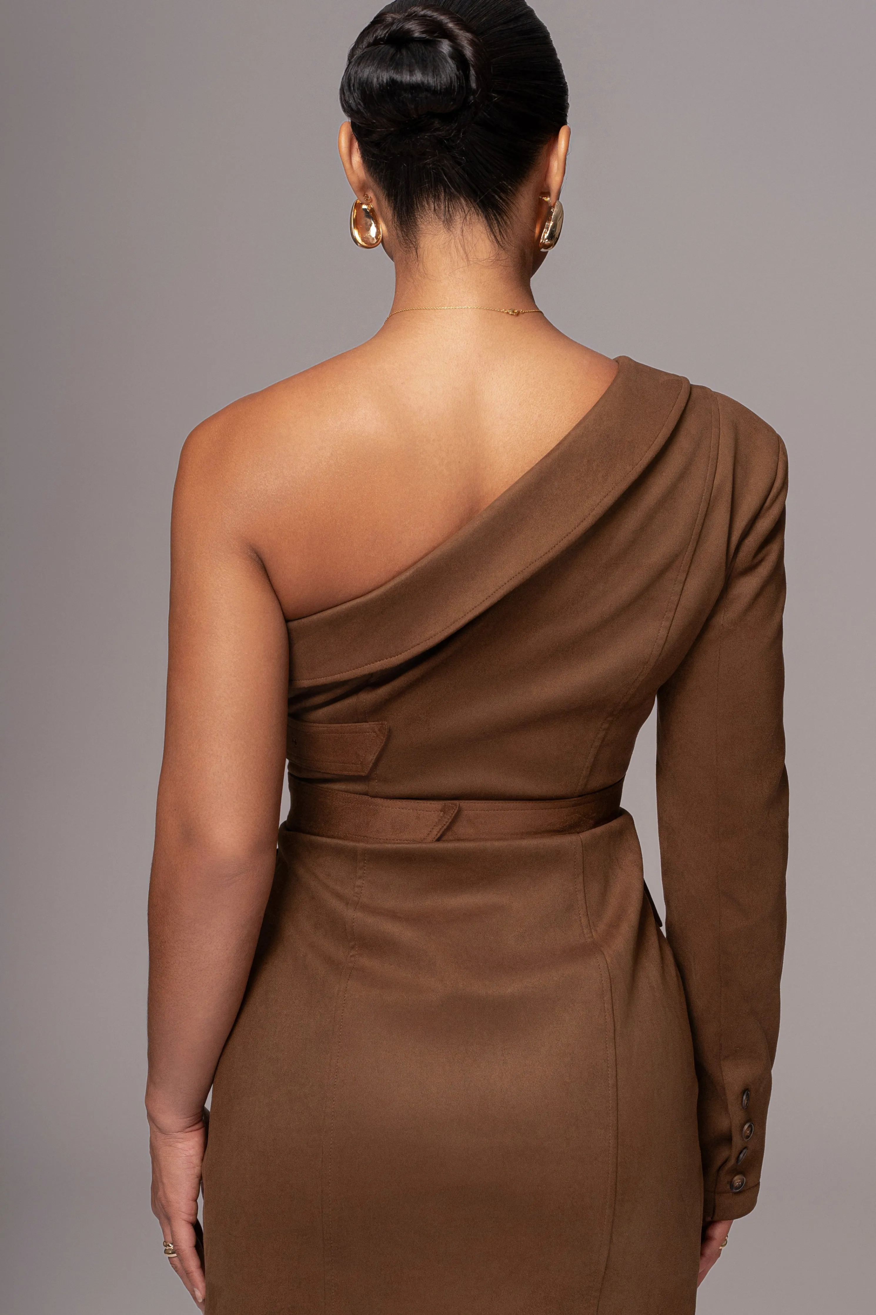 Chocolate One Shoulder Suede Blazer Dress
