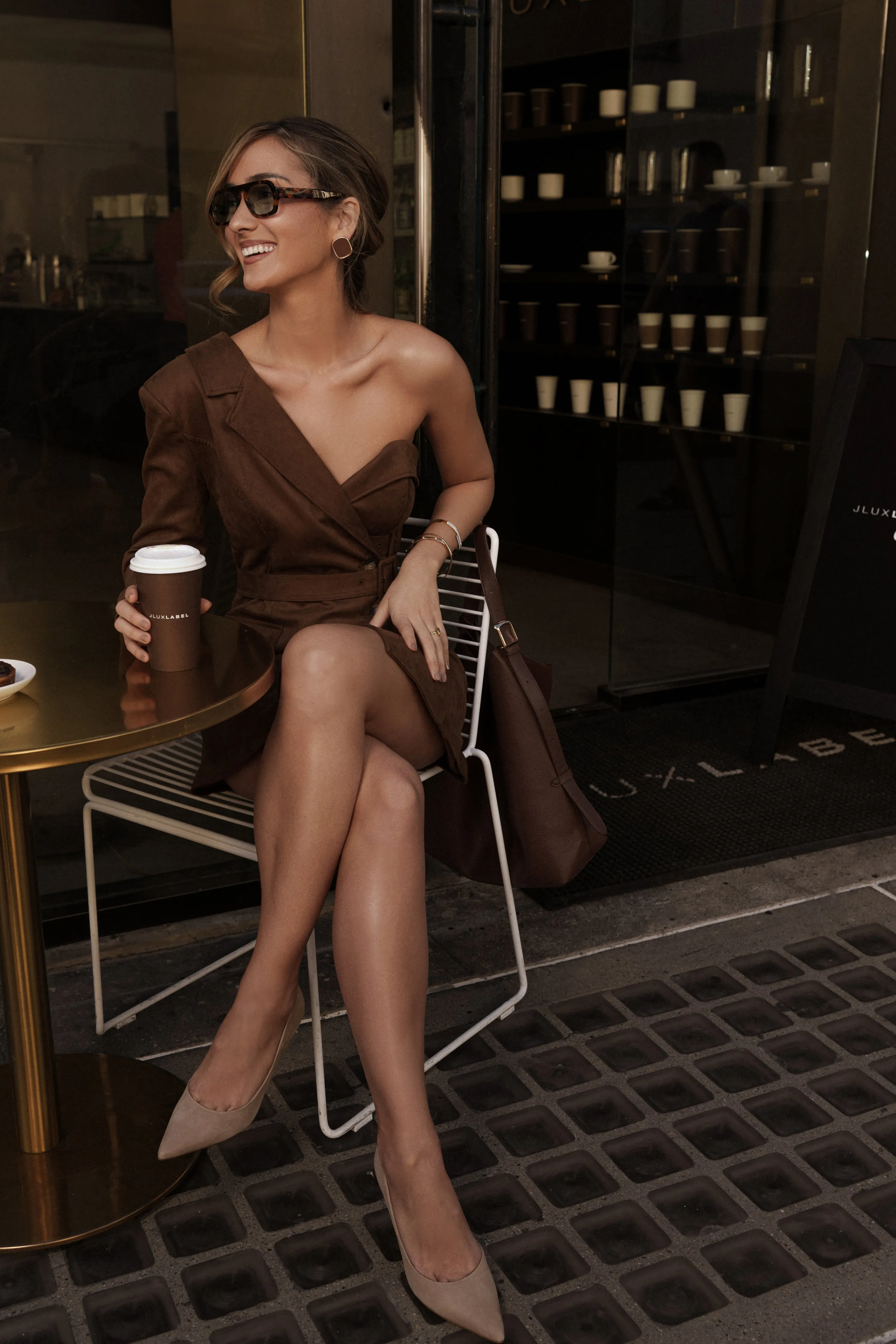 Chocolate One Shoulder Suede Blazer Dress