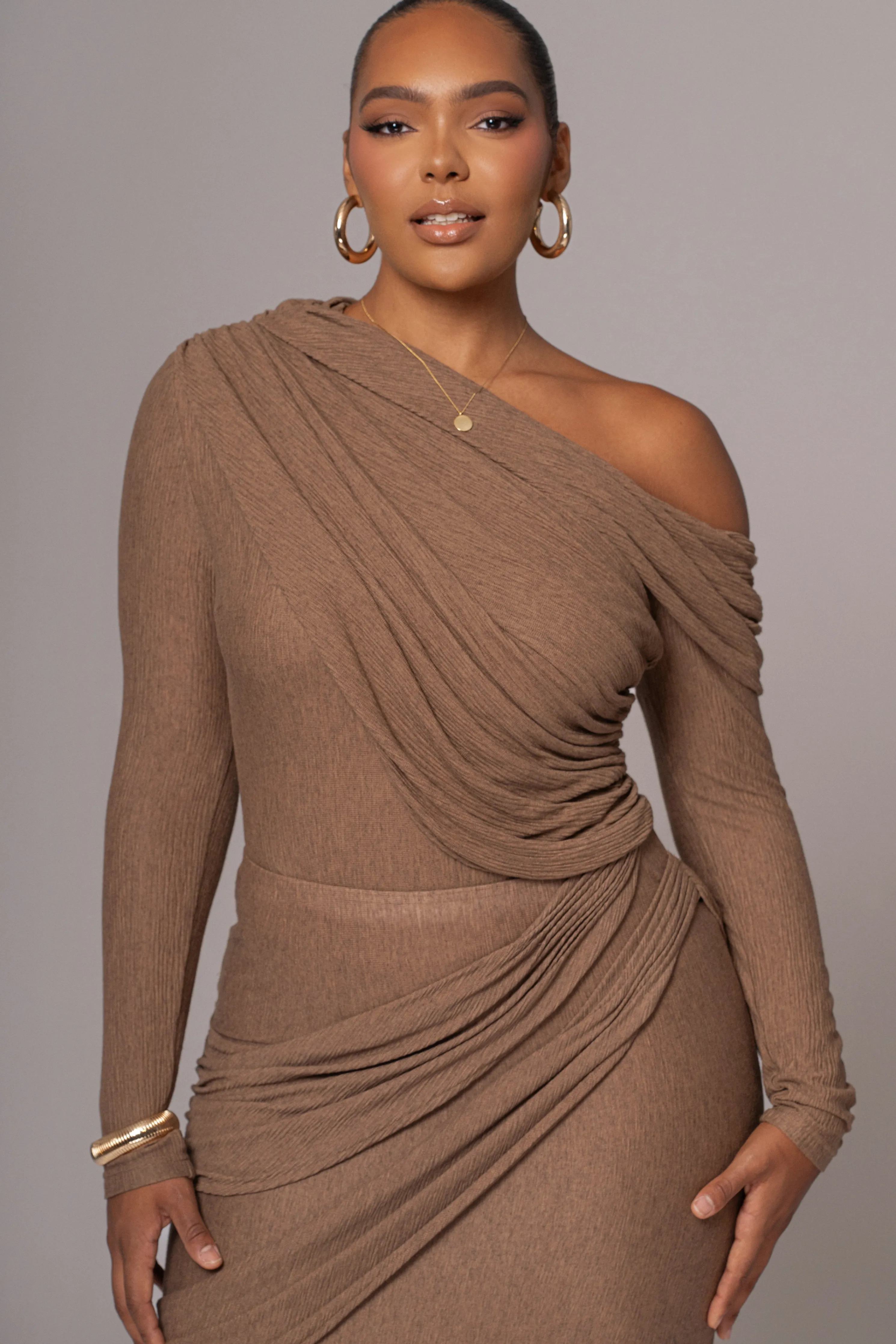 Chocolate Textured One Shoulder Bodysuit