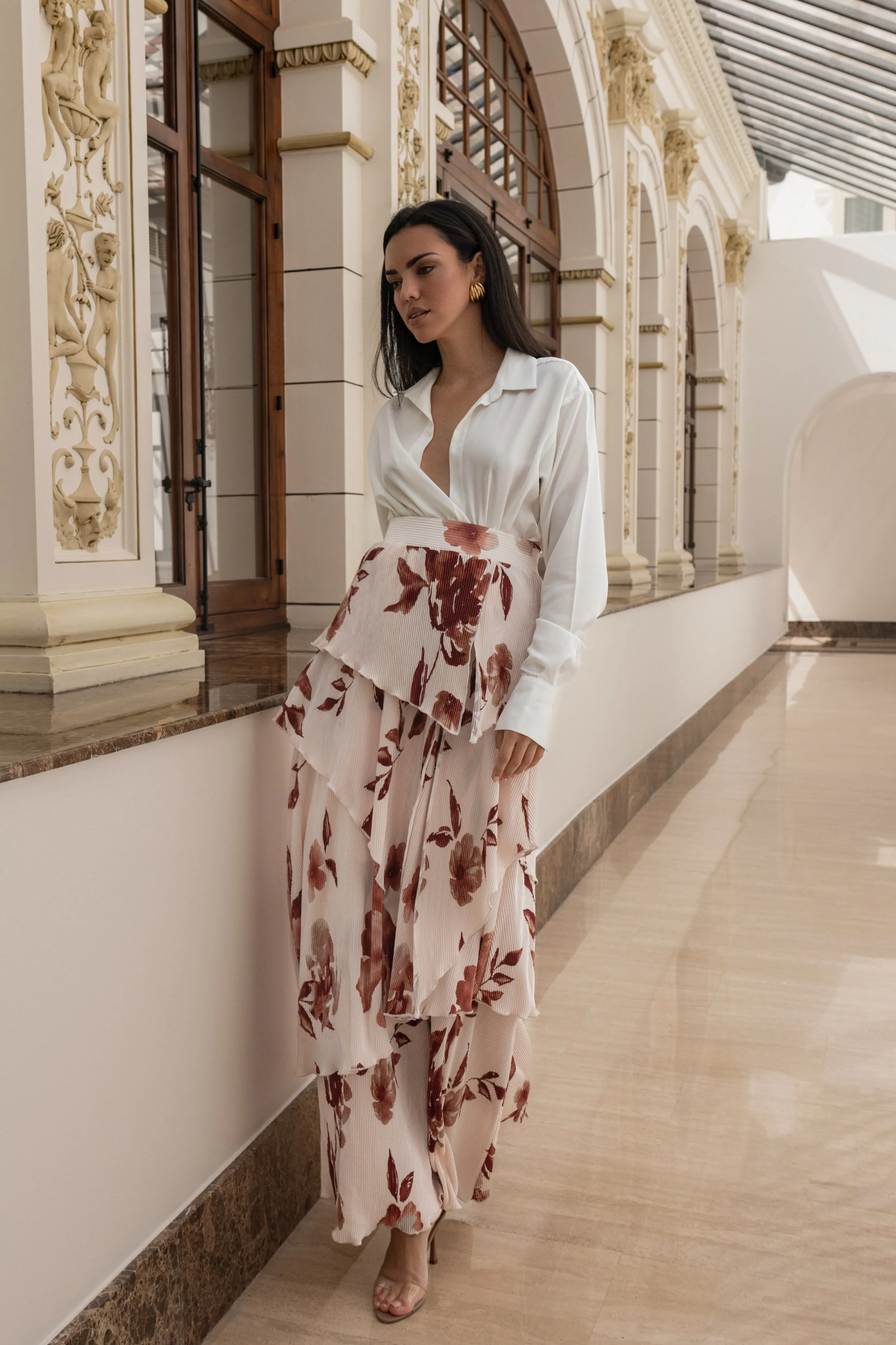 Cream Floral Kamira Tiered Skirt