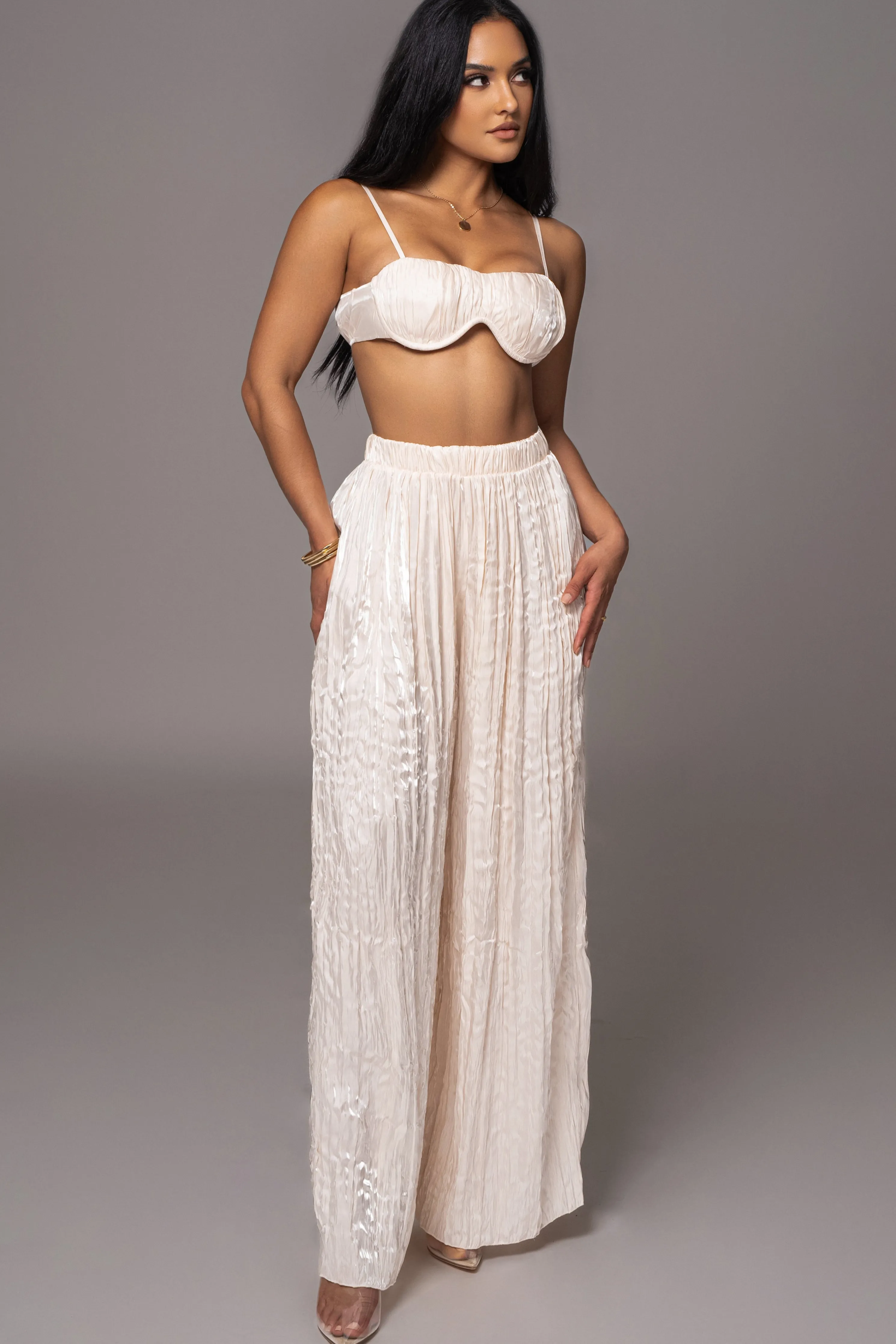 Cream Lets Get Away Satin Pant Set