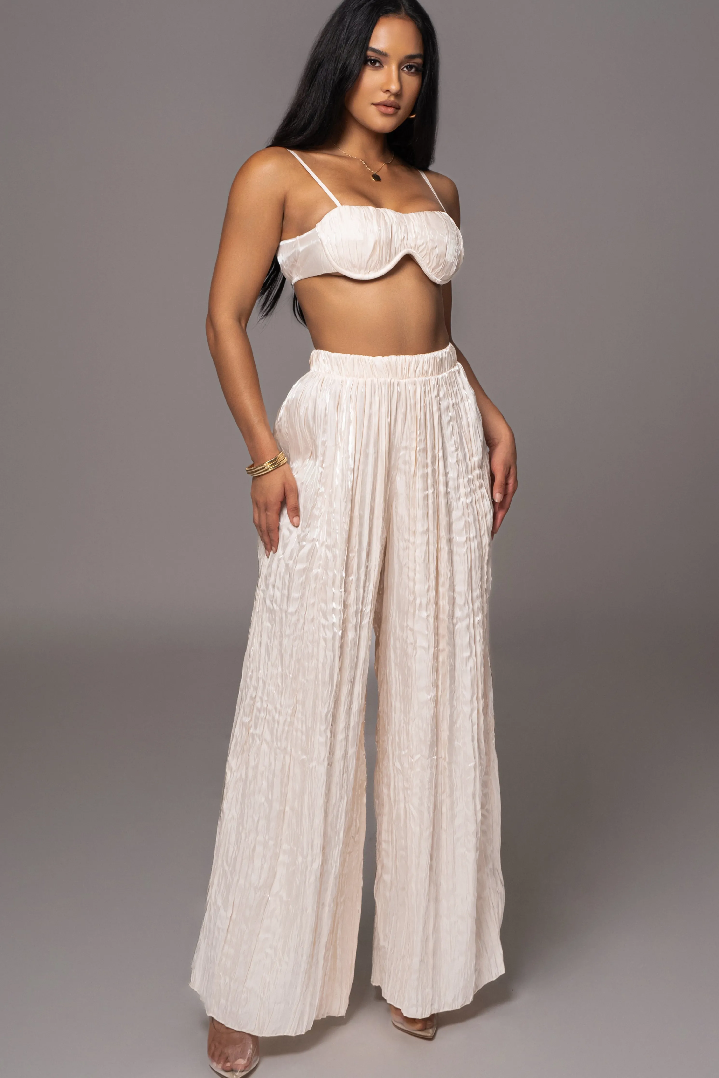 Cream Lets Get Away Satin Pant Set