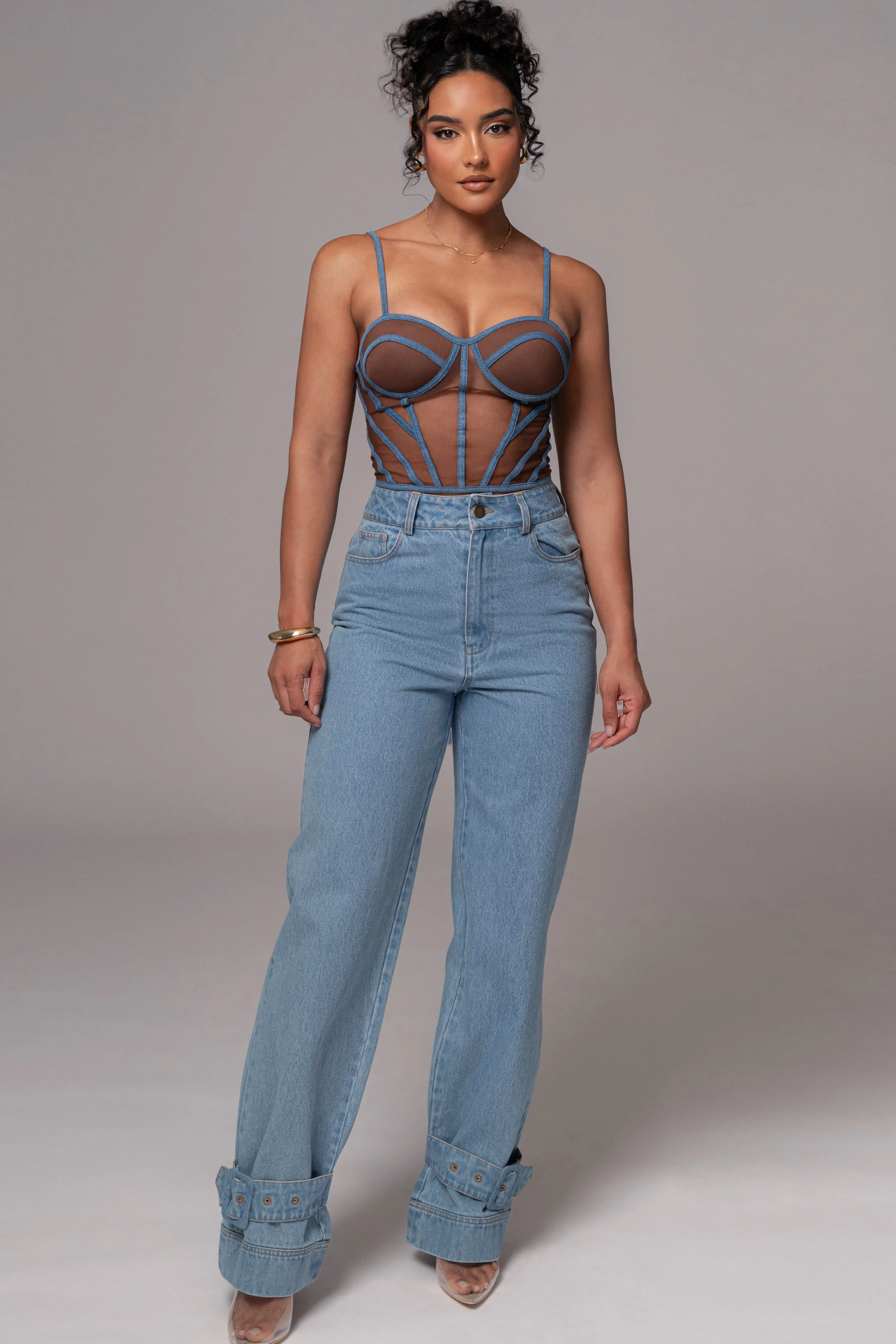 Dark Denim Illusion Mesh Bustier