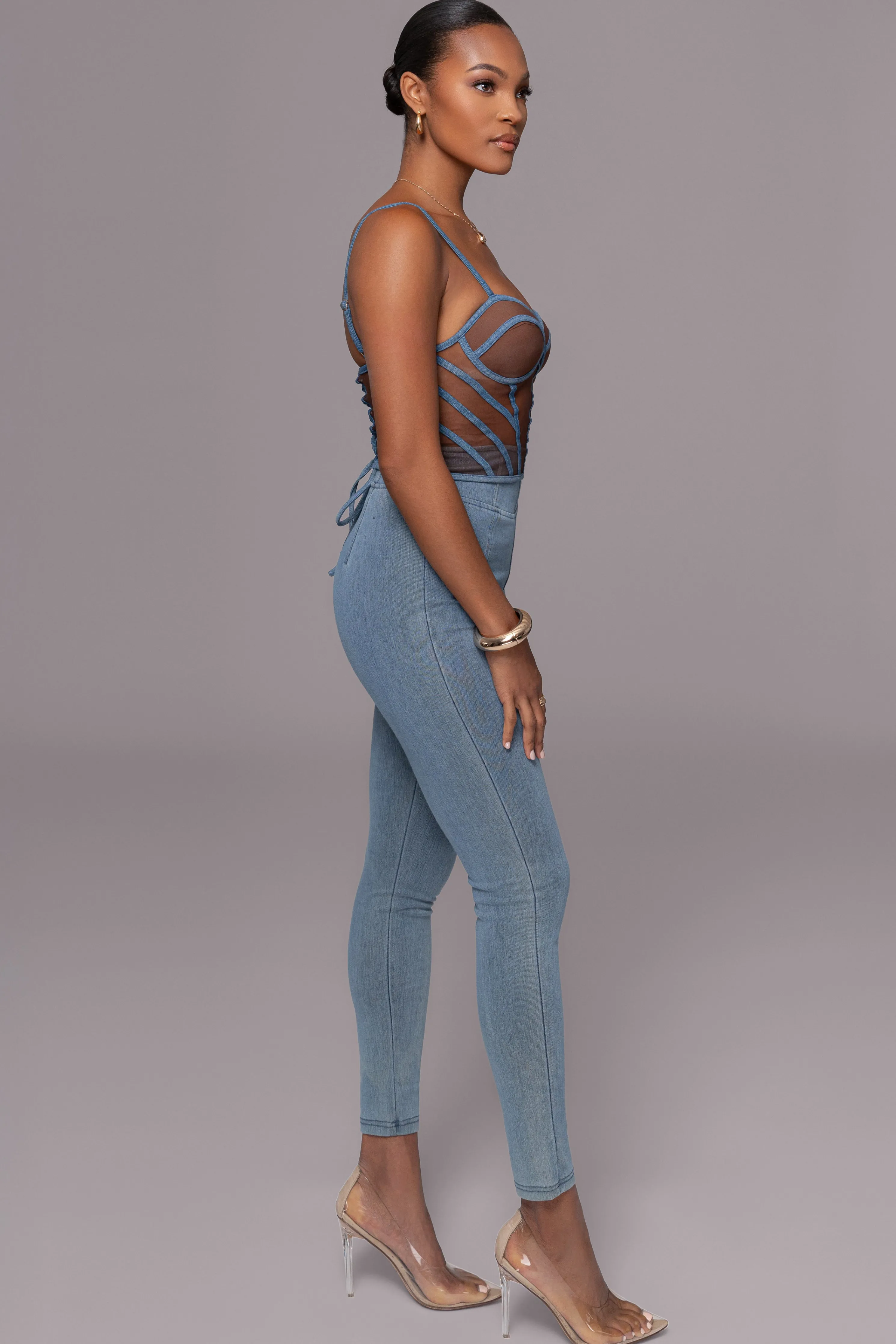 Dark Denim Illusion Mesh Bustier
