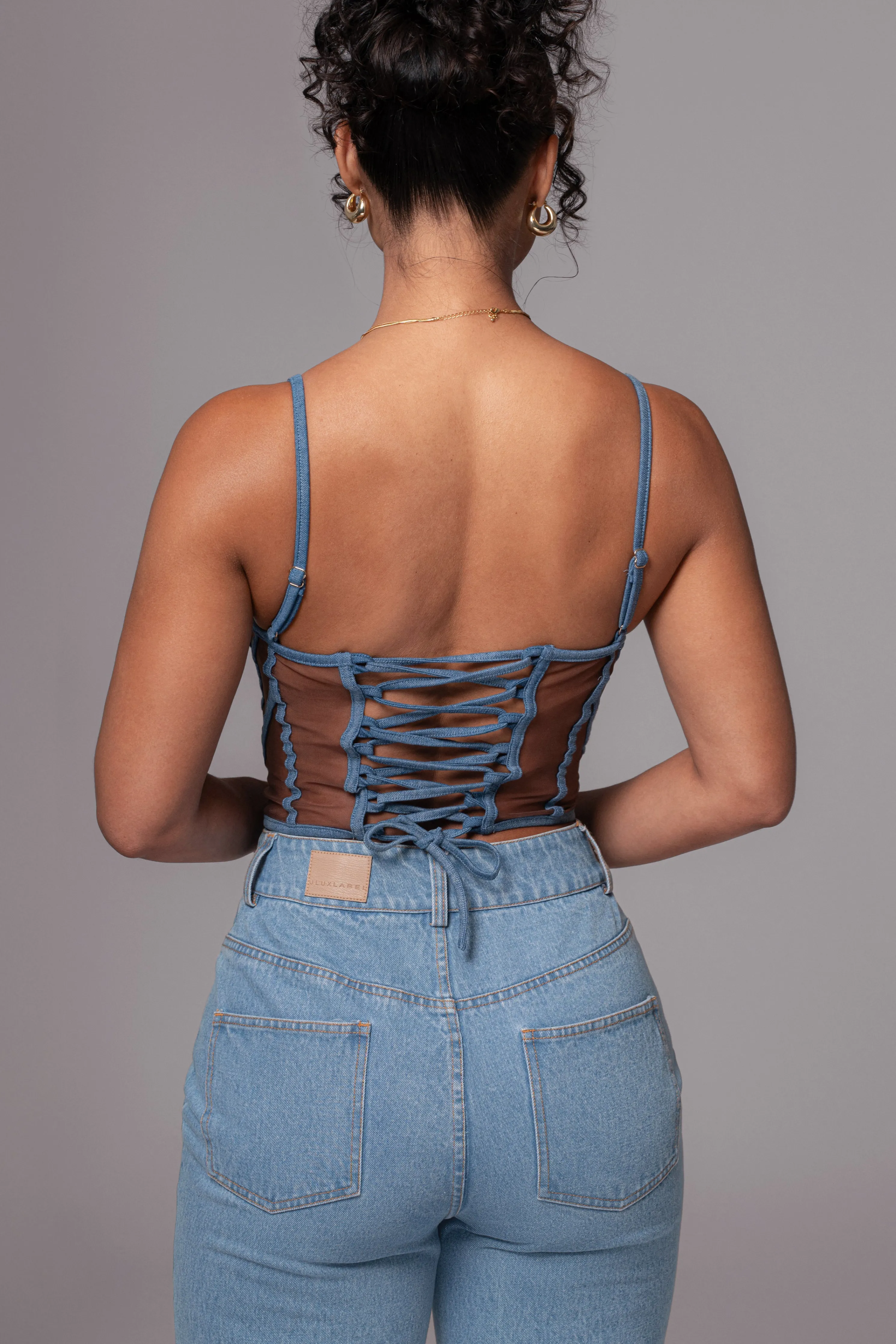 Dark Denim Illusion Mesh Bustier