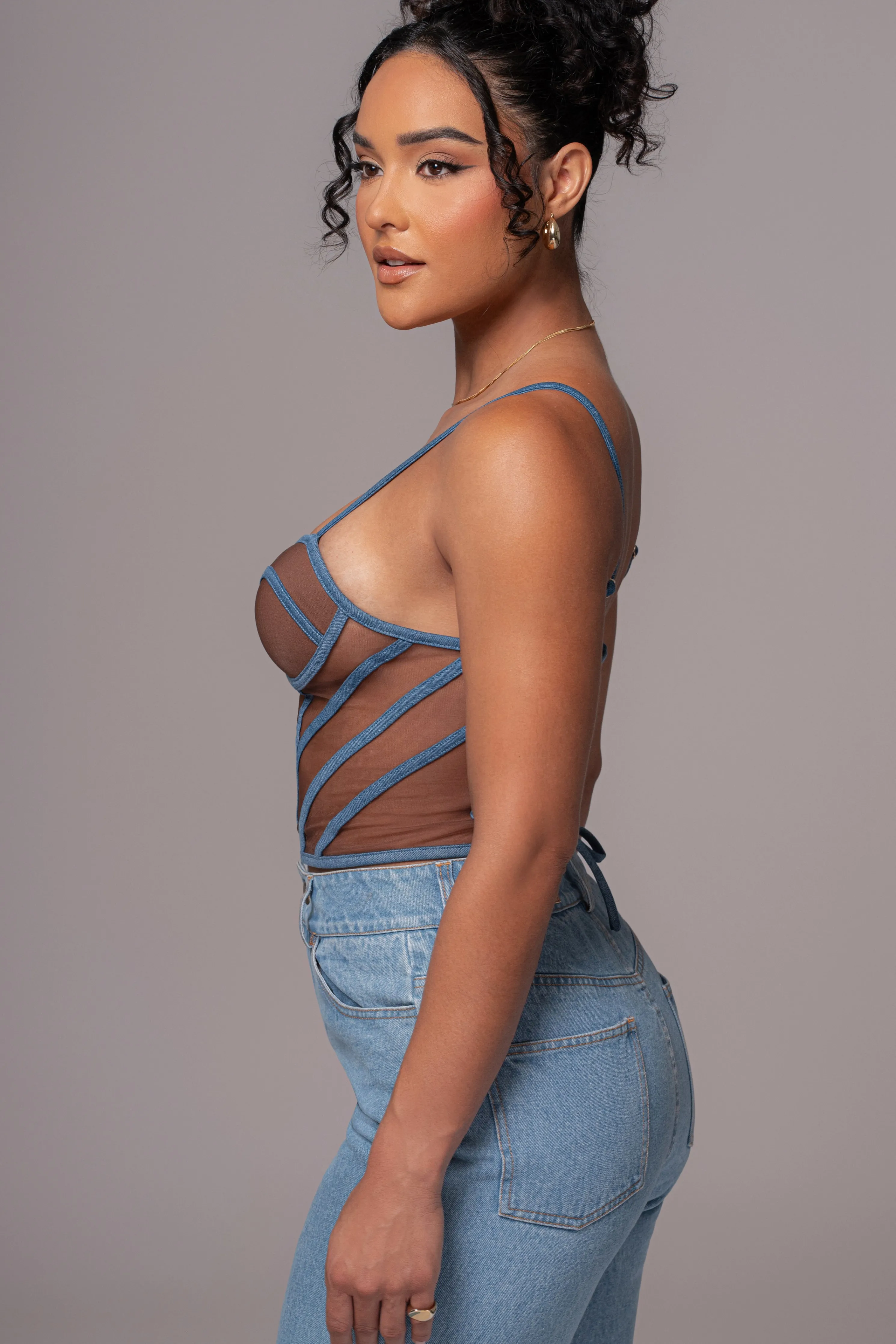 Dark Denim Illusion Mesh Bustier