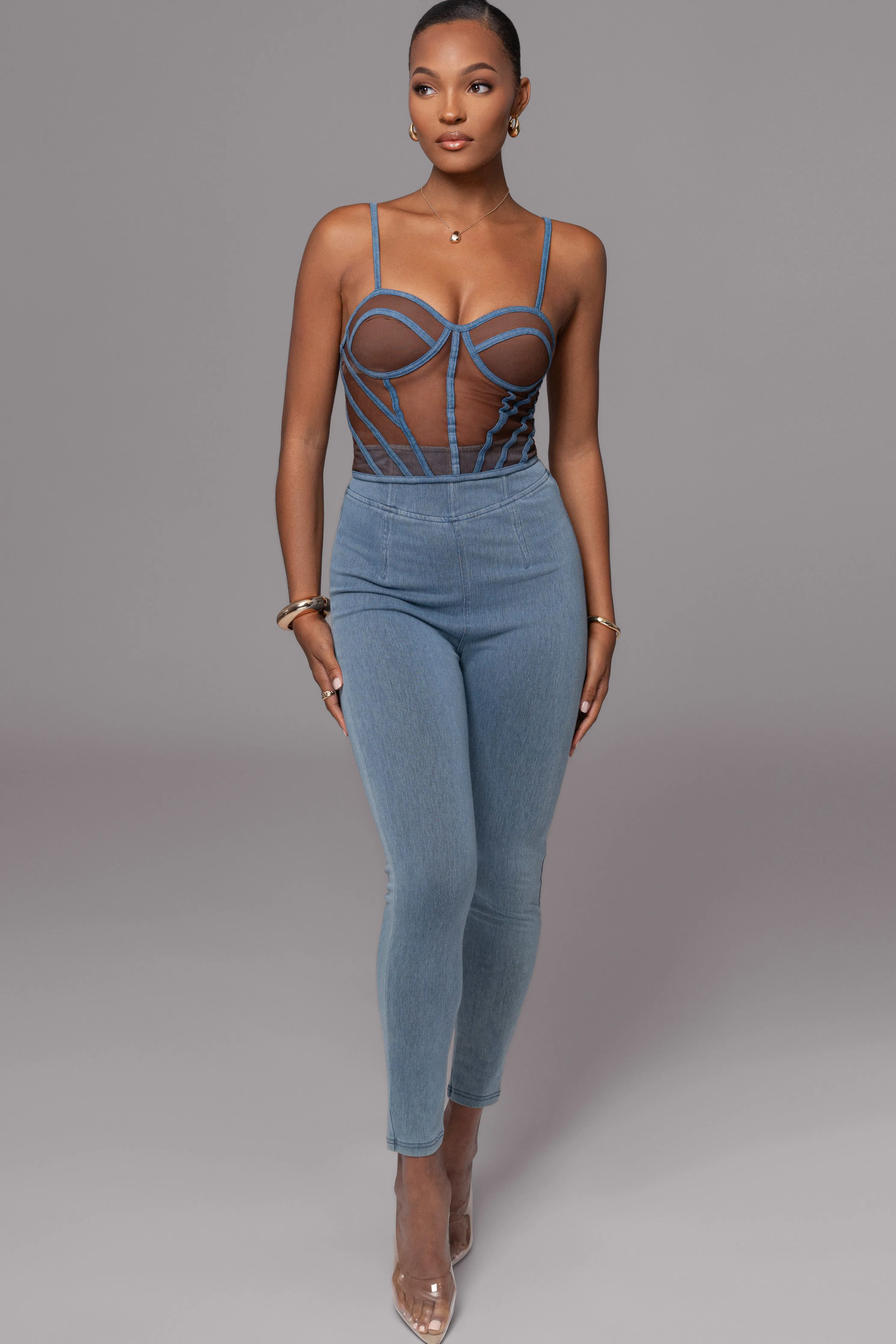 Dark Denim Illusion Mesh Bustier