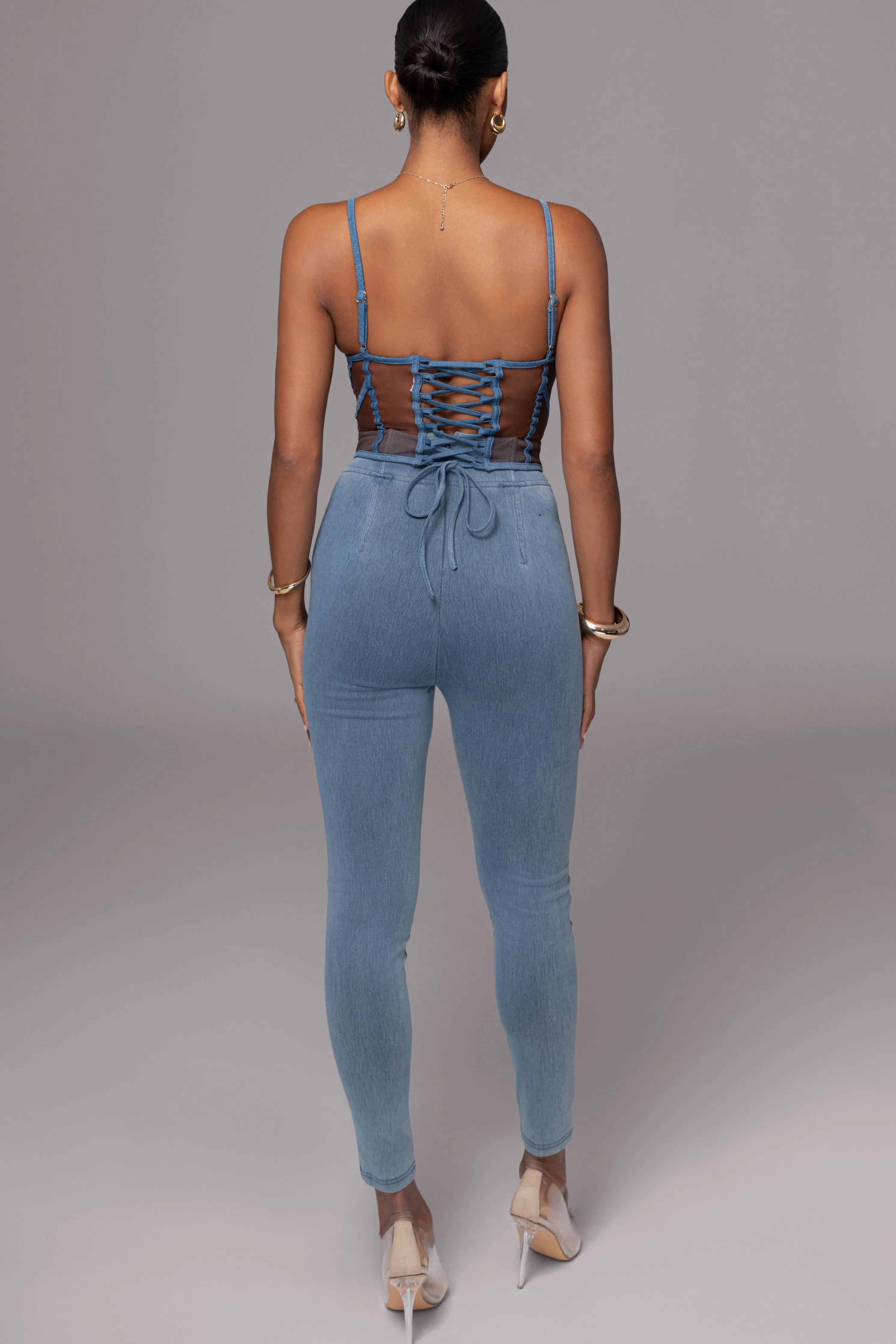 Dark Denim Illusion Mesh Bustier